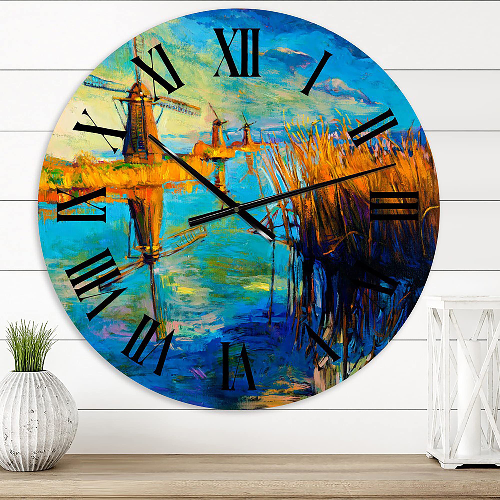 DesignQ Nautical Coastal Wall Clock - 'Windmills by The Deep Blue Lake' Round Blue Clock for Home, Office & Beach House Decor | Perfect for Living Room, Bedroom & Coastal-Themed Spaces