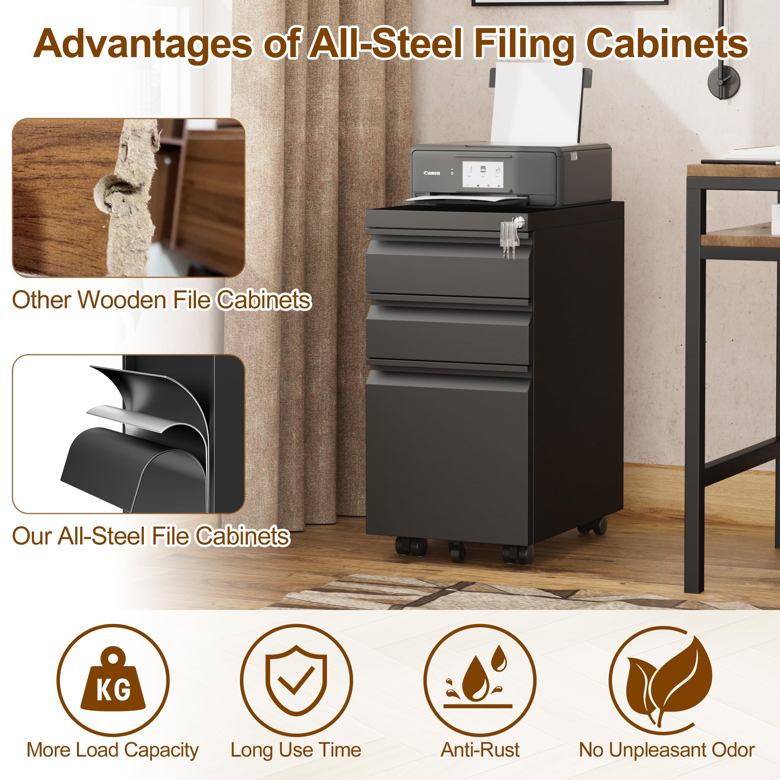 3-Drawer Slim Metal File Cabinet with Lock - Mobile Office Storage for A4, Letter & Legal Folders - Fully Assembled Black Filing Cabinet for Home & Office Organization