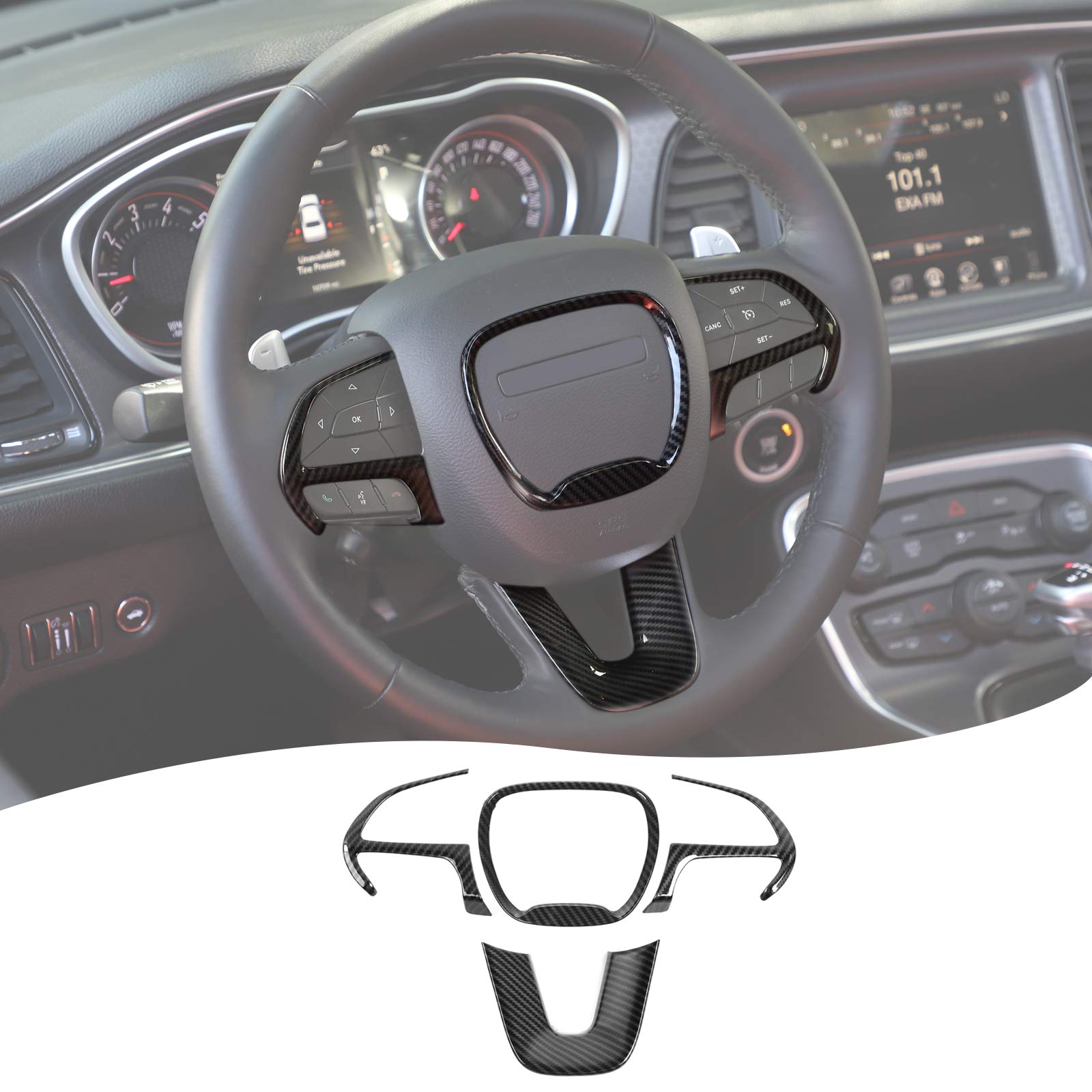 Voodonala Carbon Fiber Steering Wheel Cover Trim Kit - 4pcs for 2015-2020 Dodge Challenger & Charger - Enhance Grip & Style for Sporty Driving