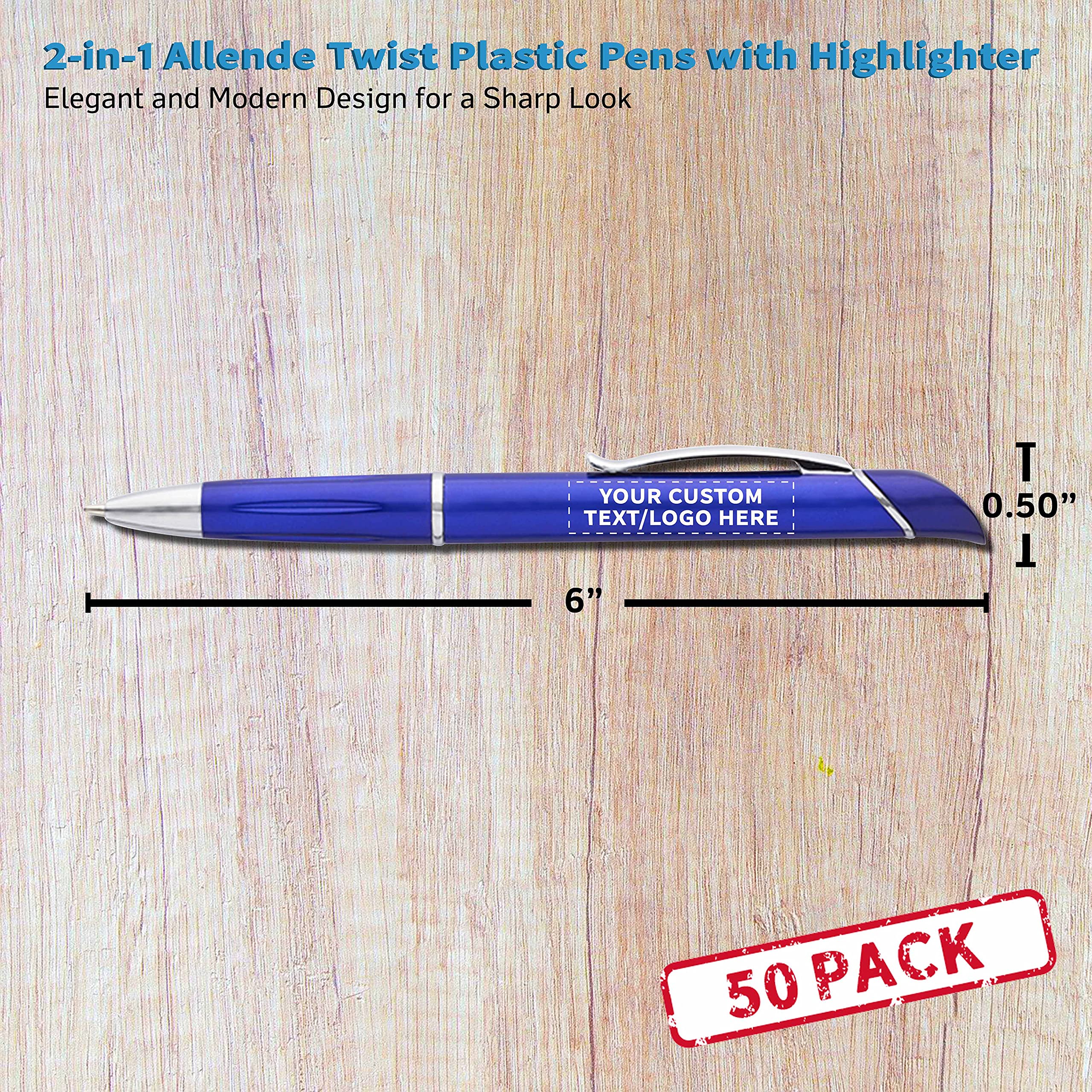 50 Pack Allende Twist Plastic Pens with Highlighter - Custom Text & Logo Printing - Durable Black Ink Office & School Supplies for Business Promotions, Note Taking & Gift Giving