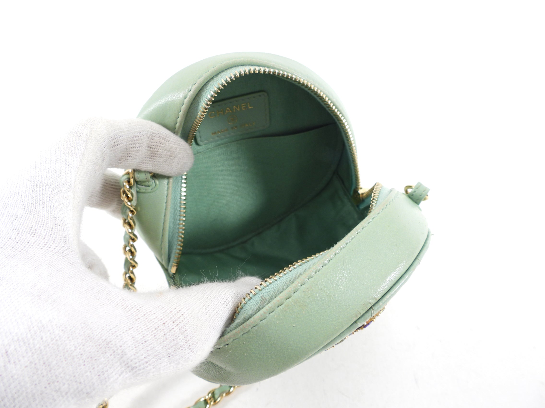 Chanel Mint Green Quilted Leather CC Strass Mini Round Clutch Bag for Women | Luxury Designer Evening Bag for Parties, Weddings & Special Occasions