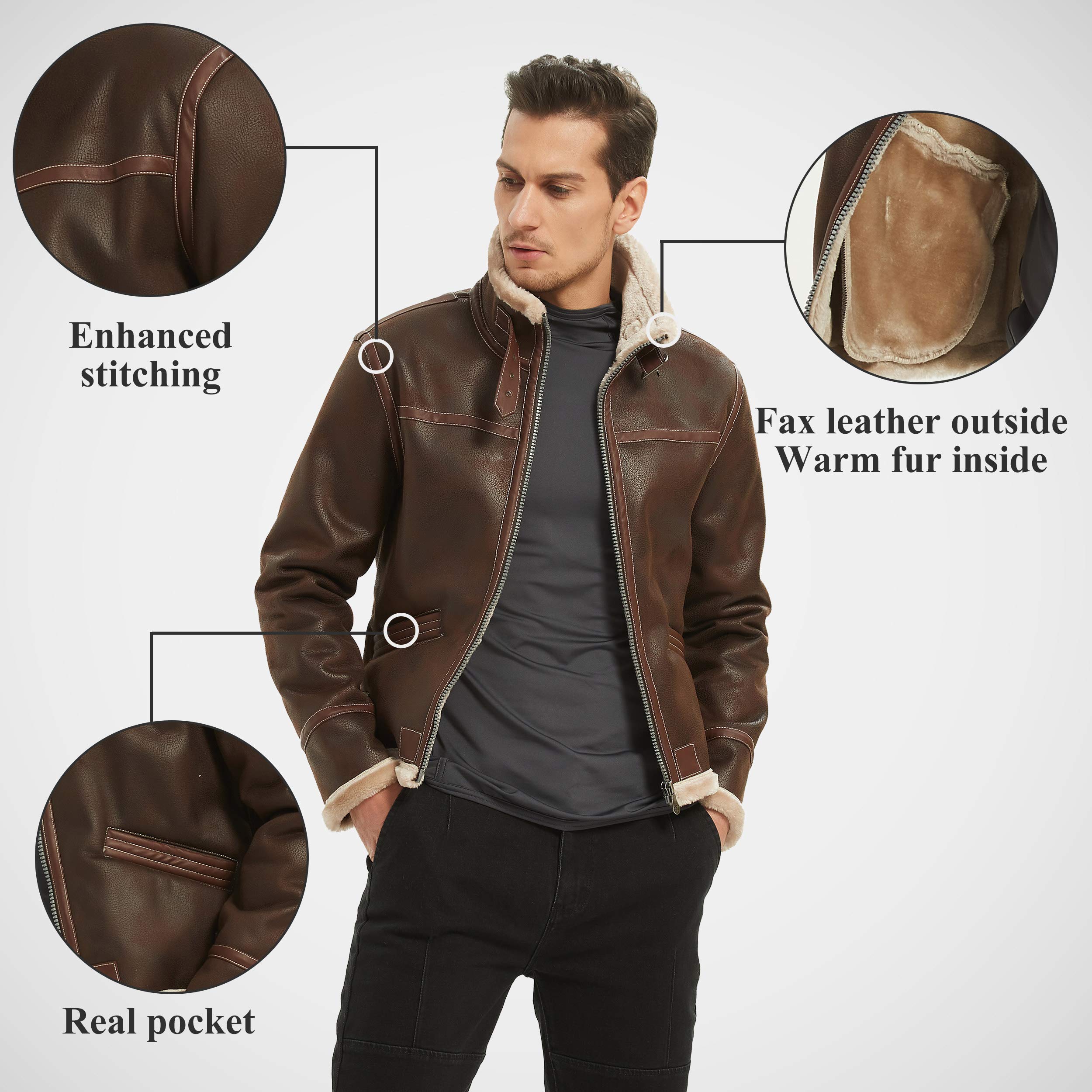 Men's Stand Collar Faux Fur Lined PU Leather Bomber Jacket - Winter Warm Coat for Cosplay, Gaming & Outdoor Activities