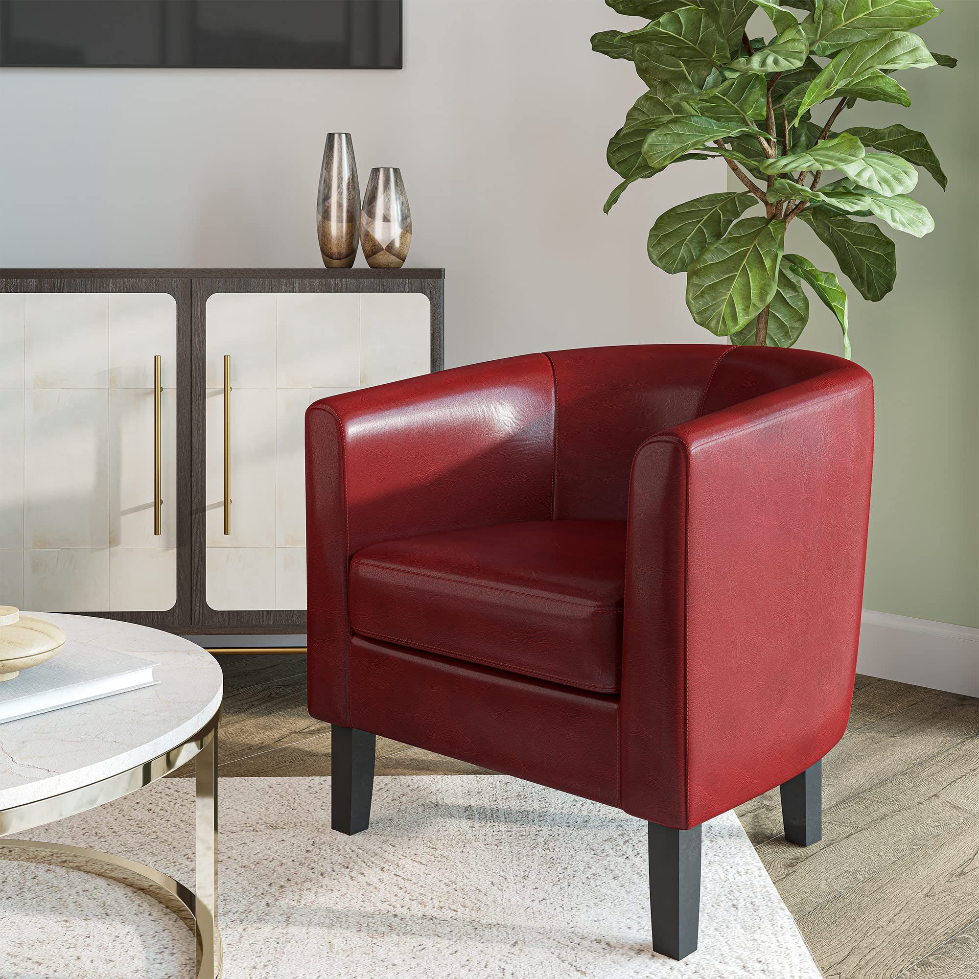 BELLEZE 2-Piece Faux Leather Round Accent Barrel Chair Set - Modern Club Tub Sofa Chairs with Flared Legs & Soft Padding for Living Room, Bedroom or Office Corner - Highland Red (Perfect for Small Spaces & Cozy Reading Nooks)