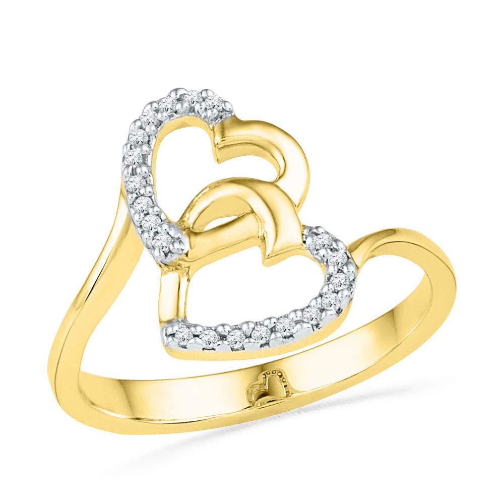 Dazzlingrock 10K Yellow Gold Women's Round Diamond Double Heart Ring - 1/12 CTW, Elegant Jewelry Gift for Anniversary, Valentine's Day & Special Occasions