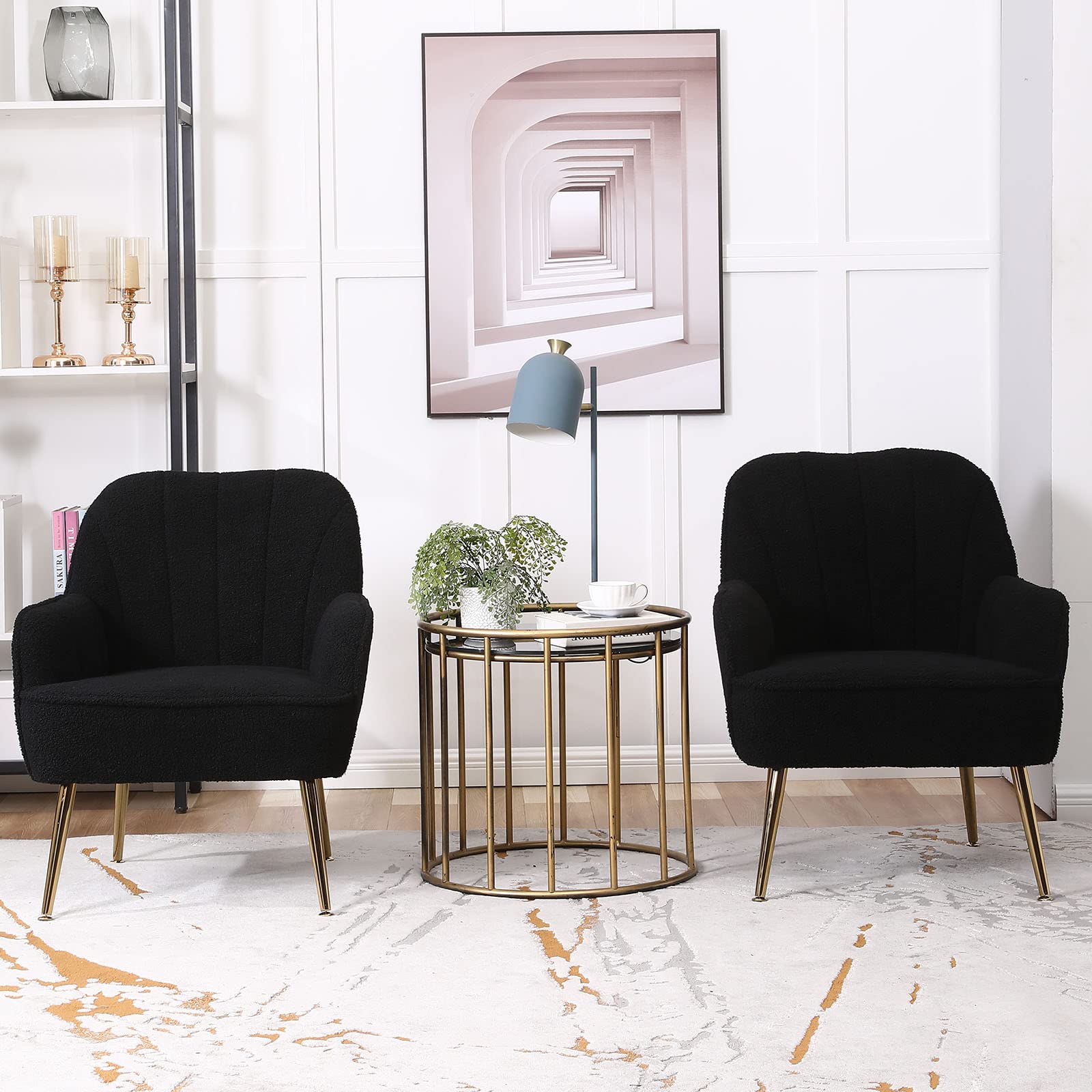Modern Accent Chair Set of 2 - Plush Teddy Furry Upholstered Armchairs with Sherpa Fabric & Gold Metal Legs, Comfy Living Room Chairs for Reading Nook, Bedroom Seating or Home Office (Black) - Perfect for Cozy Lounging, Relaxation & Stylish Home Decor