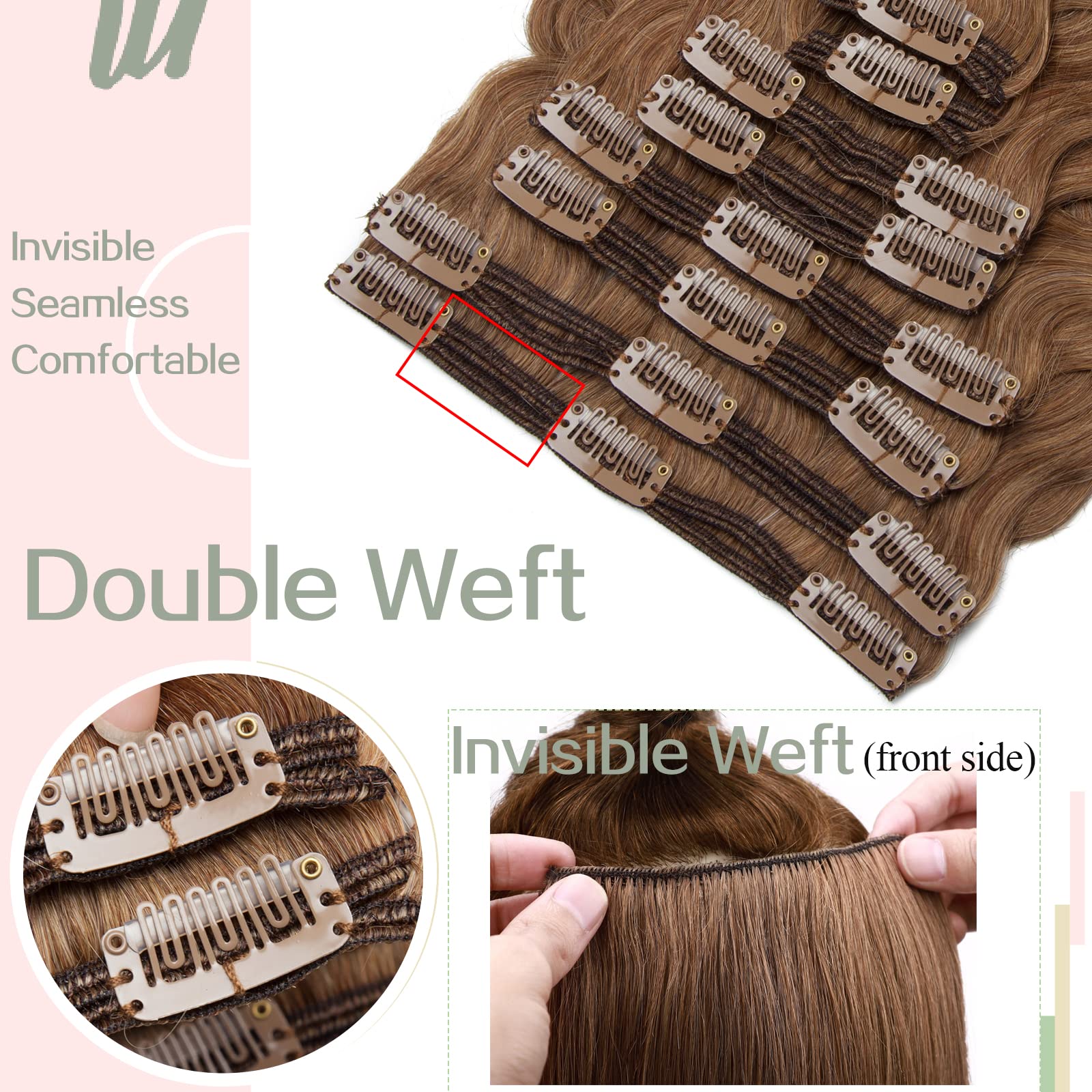 S-noilite 18 Inch Clip in Human Hair Extensions - 100% Remy Human Hair, Double Weft, Wavy/Curly Style (8 Pieces, 18 Clips, 140g, Light Brown #06) - Perfect for Parties, Weddings & Daily Styling