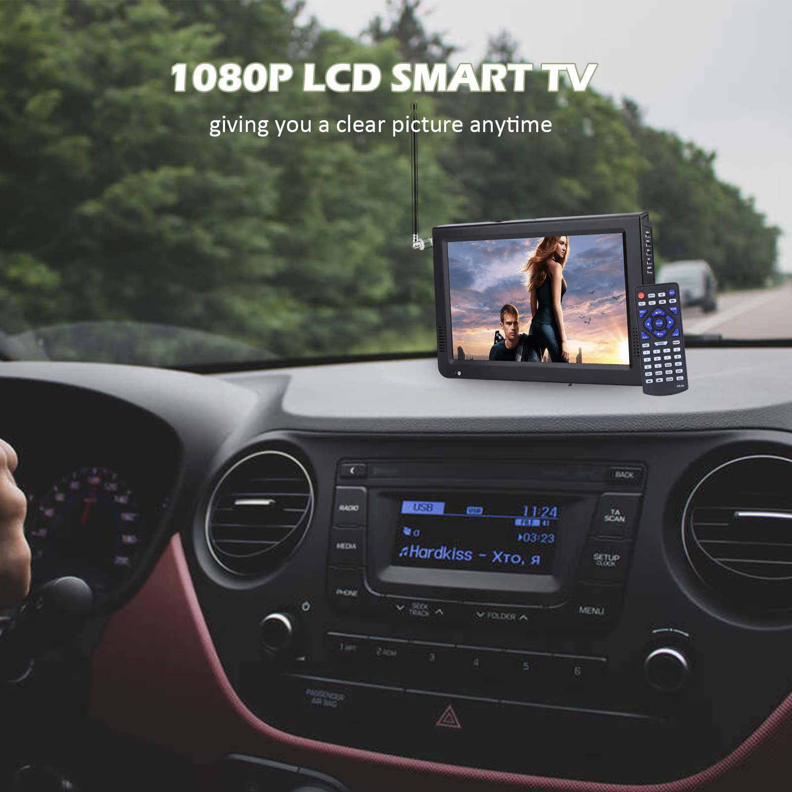 10 Inch 1080P Portable Car TV with ATSC Digital Tuner - HD Screen, FM Radio, SD/TF Card & USB Support - Perfect for Road Trips, Camping and RV Entertainment