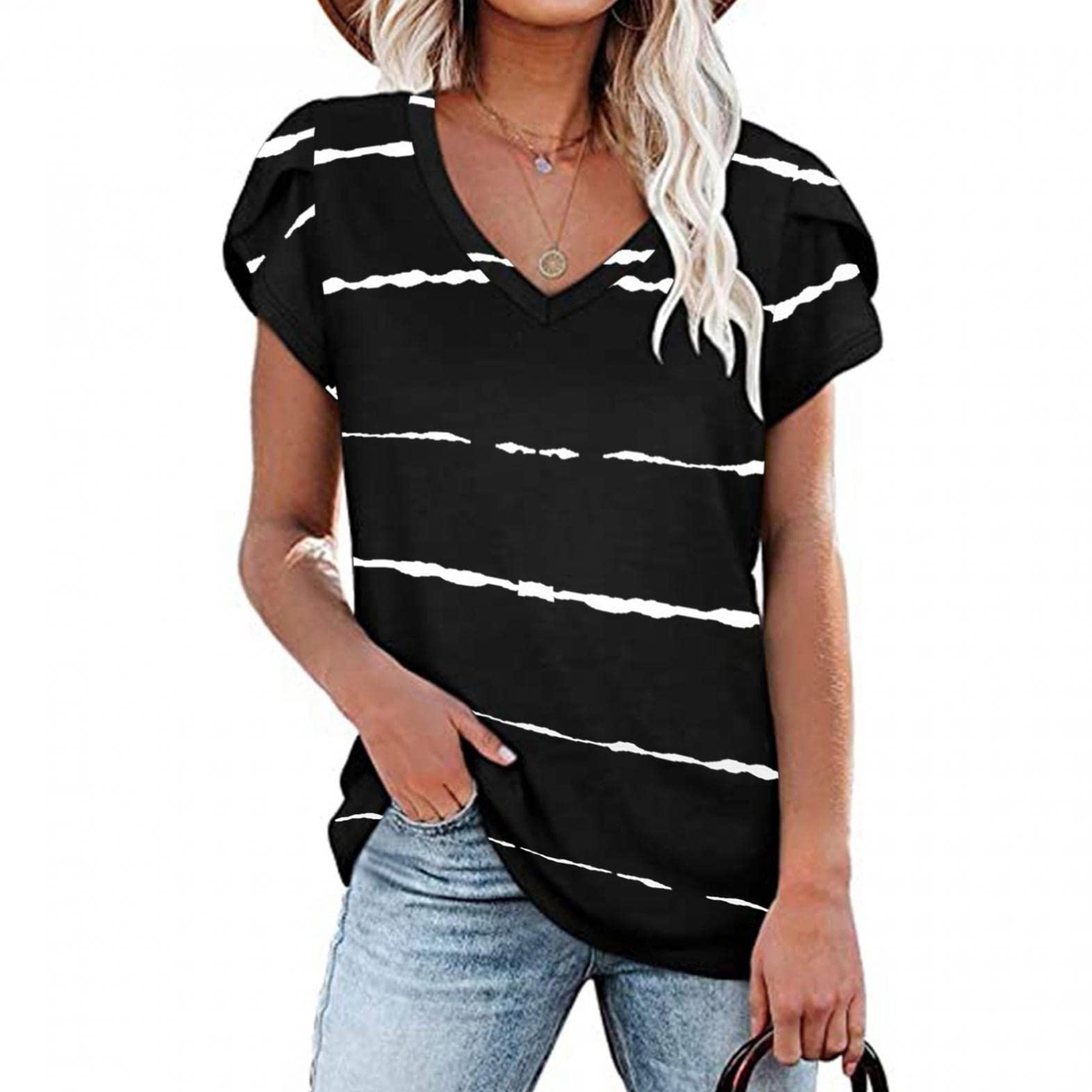 Women's Casual Summer Tops - V-Neck Striped T-Shirts, Loose Puff Short-Sleeve Tunic Blouse | Perfect for Beach Outings, Weekend Wear & Summer Vacations