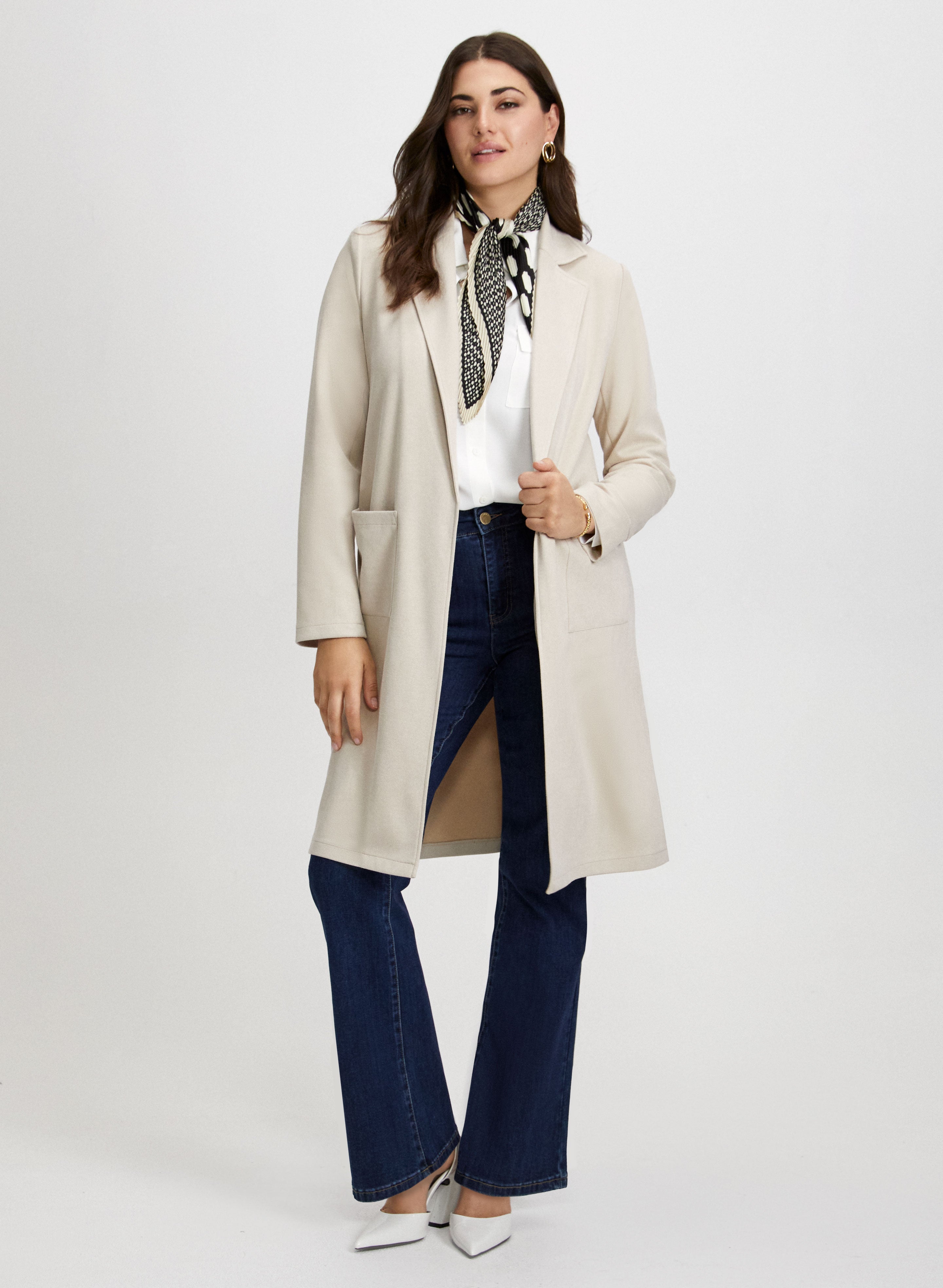 Faux Suede Trench Coat & Bootcut Jeans for Women - Stylish Fall Outerwear and Denim Pants for Casual Outfits and Office Wear
