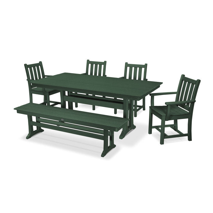 POLYWOOD Traditional Garden Arm Chair 6-Piece Farmhouse Dining Set with Trestle Legs & Bench - Outdoor Patio Furniture for Backyard, Porch, and Garden Dining