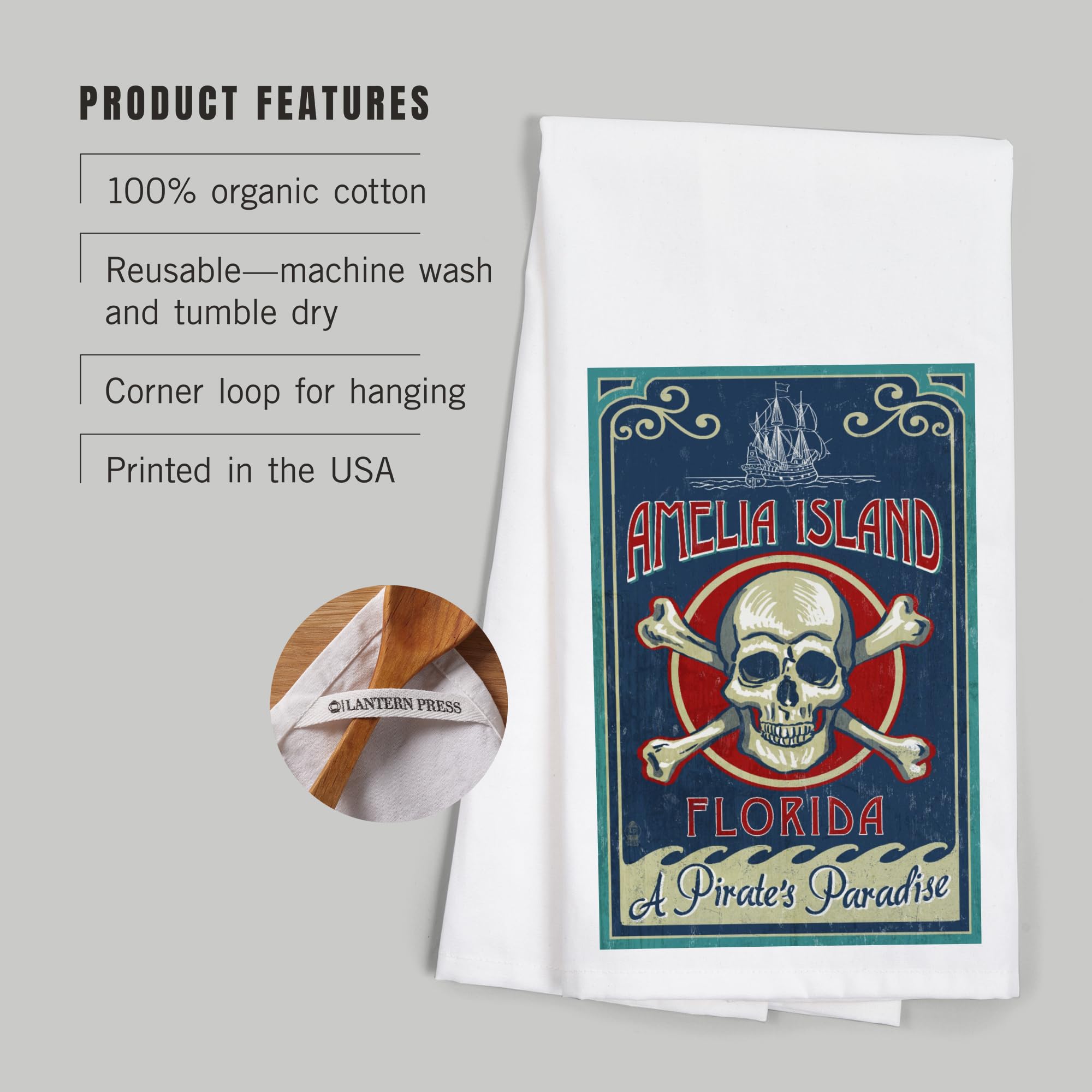 Amelia Island Florida Skull & Crossbones 100% Cotton Tea Towel - Decorative Kitchen Hand Towel for Home Decor, Dish Drying & Coastal Themed Spaces