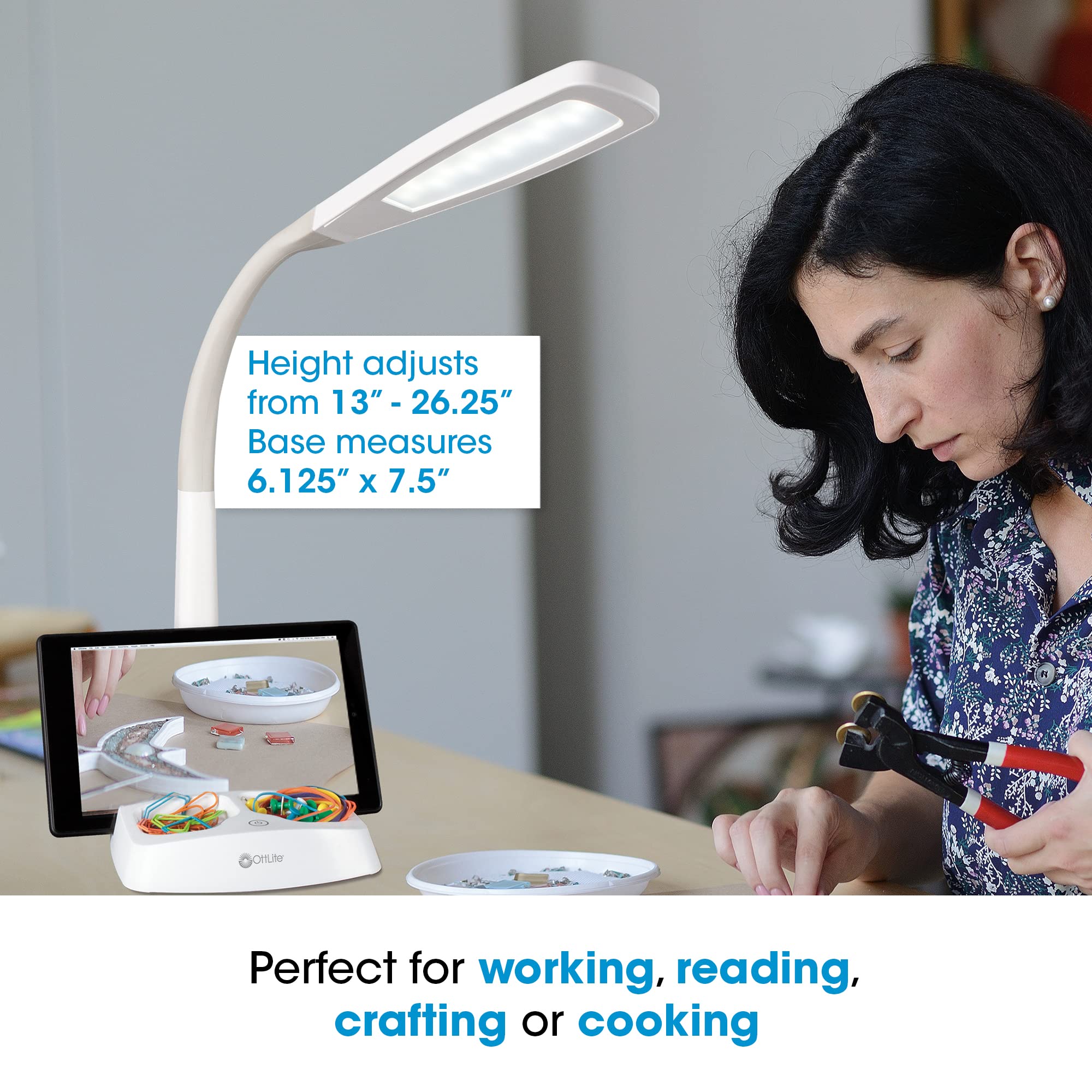 OttLite LED Desk Lamp with Tablet & Smartphone Holder - ClearSun LED Technology, Adjustable Neck, USB Charging Port & Storage Base - Perfect for Home Office, Online Tutorials, Crafting, Sewing & Remote Work