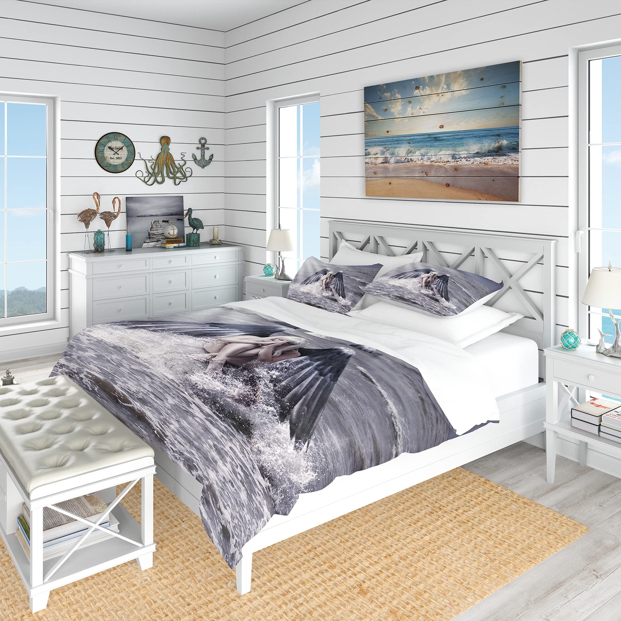 Dark Angel Wings Nautical & Coastal Duvet Cover Set Queen - 3 Piece Beach Themed Bedding Set for Women, Multi-Color Ocean Inspired All Season Comforter Cover - Perfect for Coastal Decor, Beach House Master Bedroom & Boho Chic Guest Room