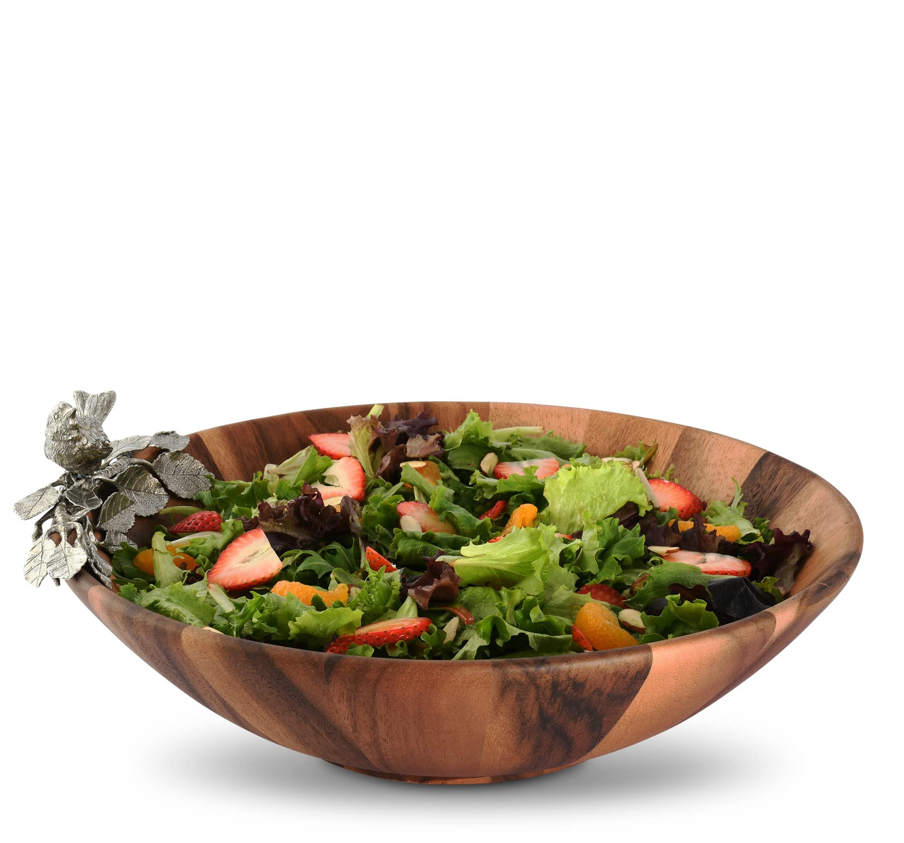 Vagabond House 16-inch Acacia Wood Large Salad Serving Bowl with Pewter Song Bird Design - Perfect for Family Dinners, Holiday Gatherings & Rustic Table Decor