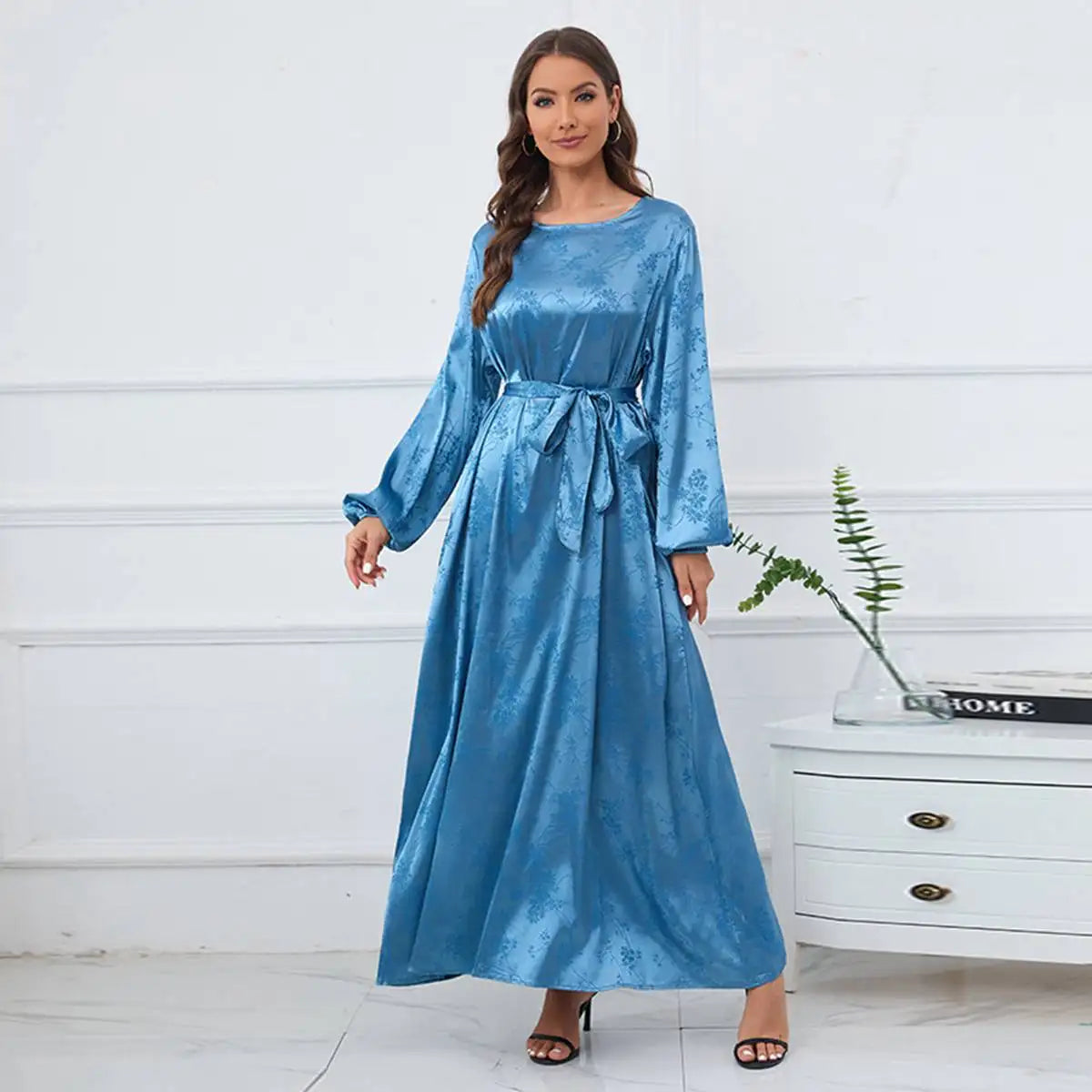 Elegant Jacquard Satin Abaya Dress for Women - Modest Islamic Prayer Dress for Eid, Ramadan & Special Occasions