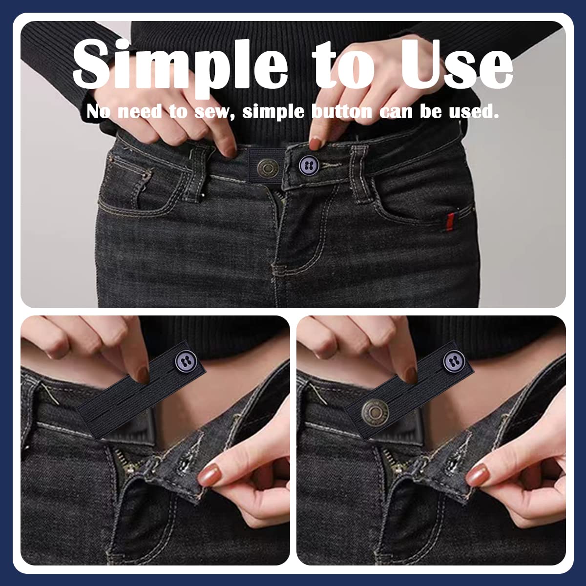 Elastic Waist Extenders for Pants - 8 Pack Adjustable Belt Extender for Women & Men - Works with Jeans, Dresses & Button Pants (Black, Blue, Khaki) - Perfect for Travel, Pregnancy & Weight Fluctuations
