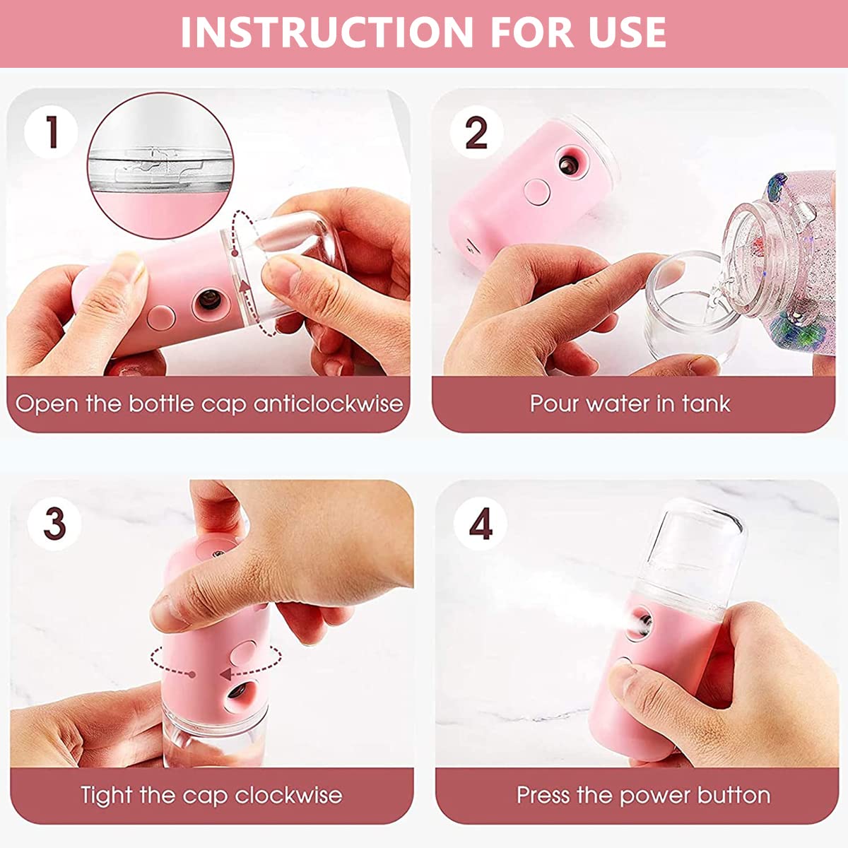 ELEPHANTBOAT® Pink Portable Nano Facial Mist Sprayer 30ml - USB Rechargeable Moisturizing Face Spray Machine with Cute Bunny Design for Skin Hydration & Beauty Care | Perfect for Travel, Office & Home Skincare Routine