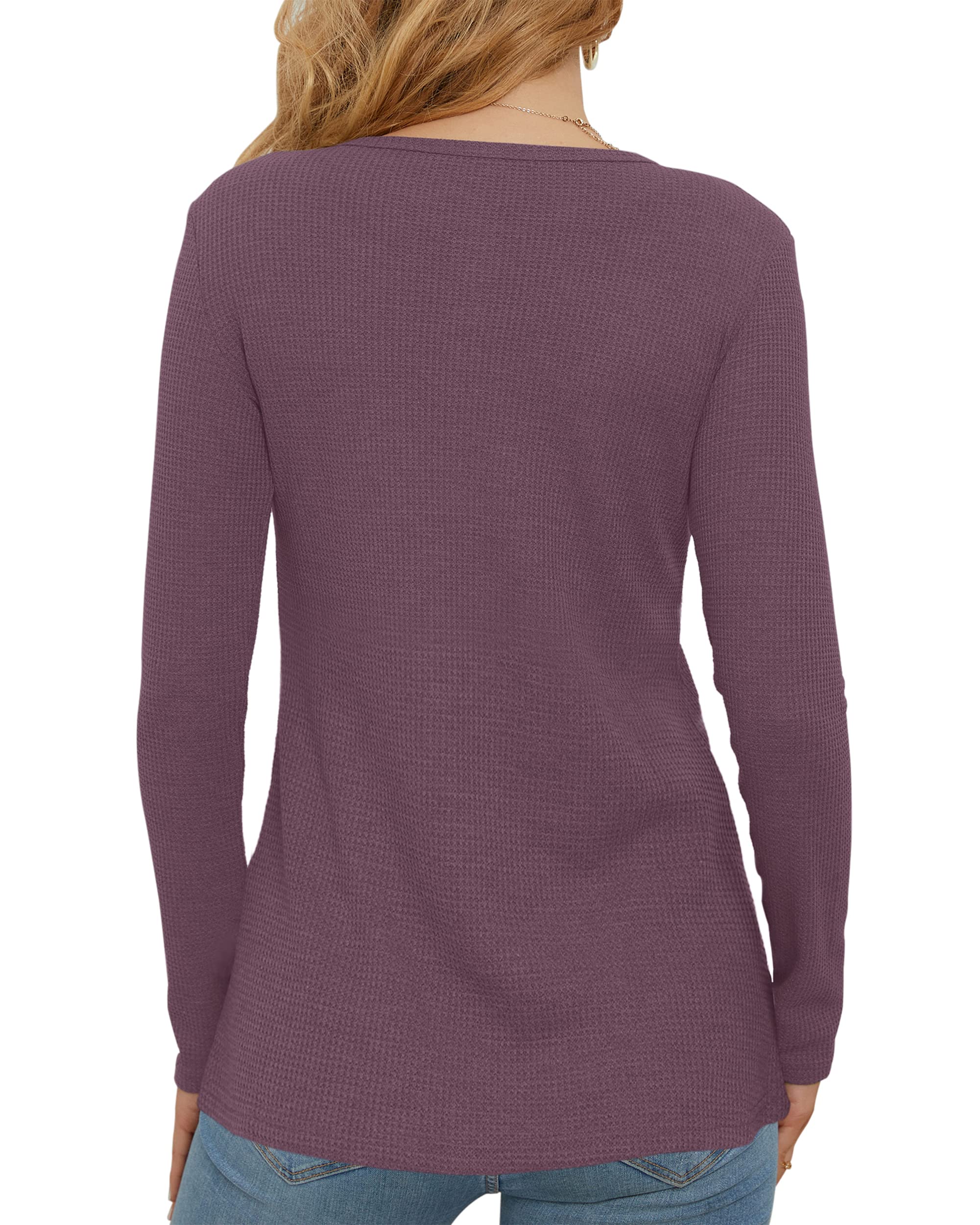 WNEEDU Women's Waffle Knit Long Sleeve Henley Shirt - Slim Fit Button Down V-Neck Casual Blouse for Work, Date & Everyday Wear