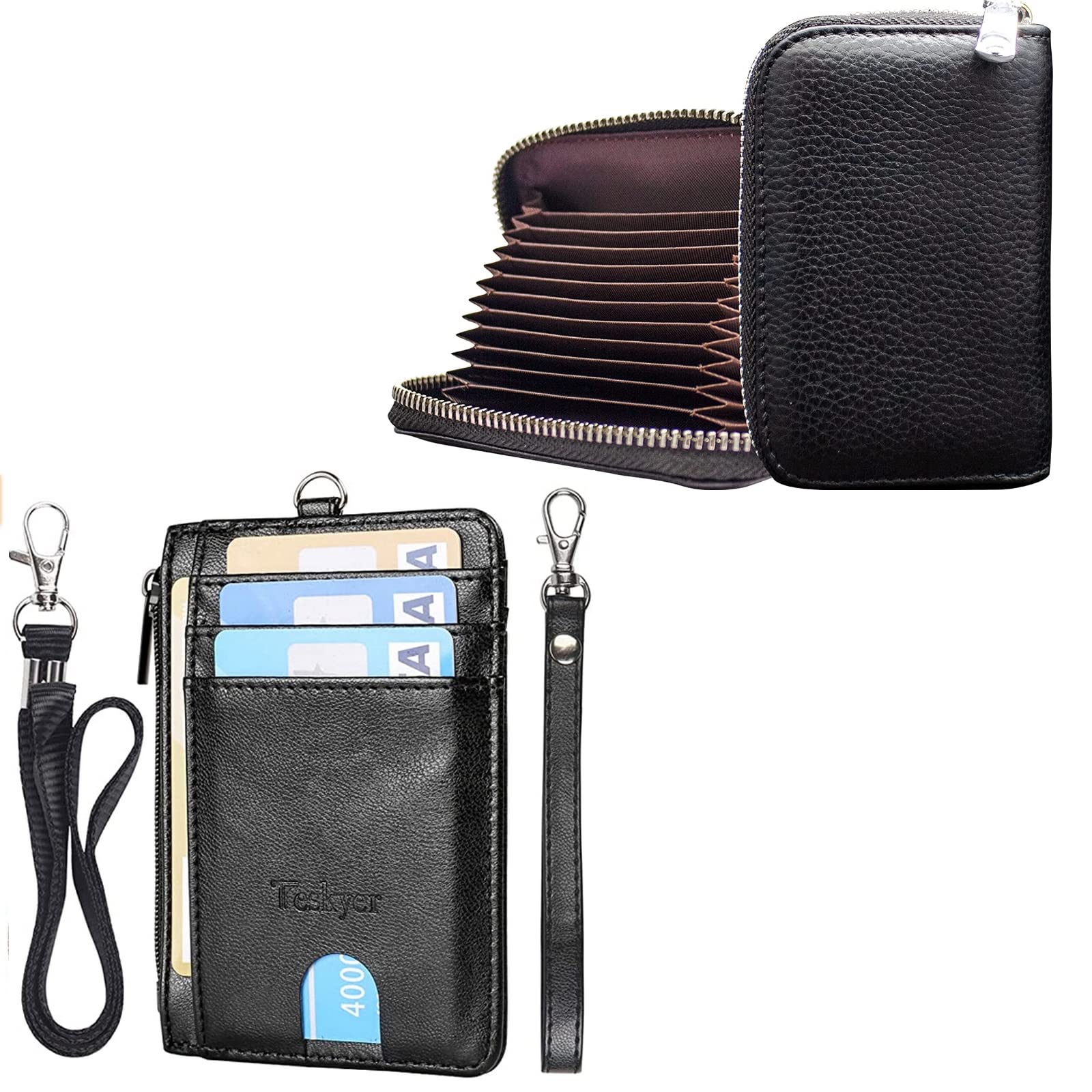 1pc Black Slim Zipper Wallet with Lanyard & 1pc Genuine Leather Zip Card Holder Set - Perfect for Travel, Business & Everyday Use