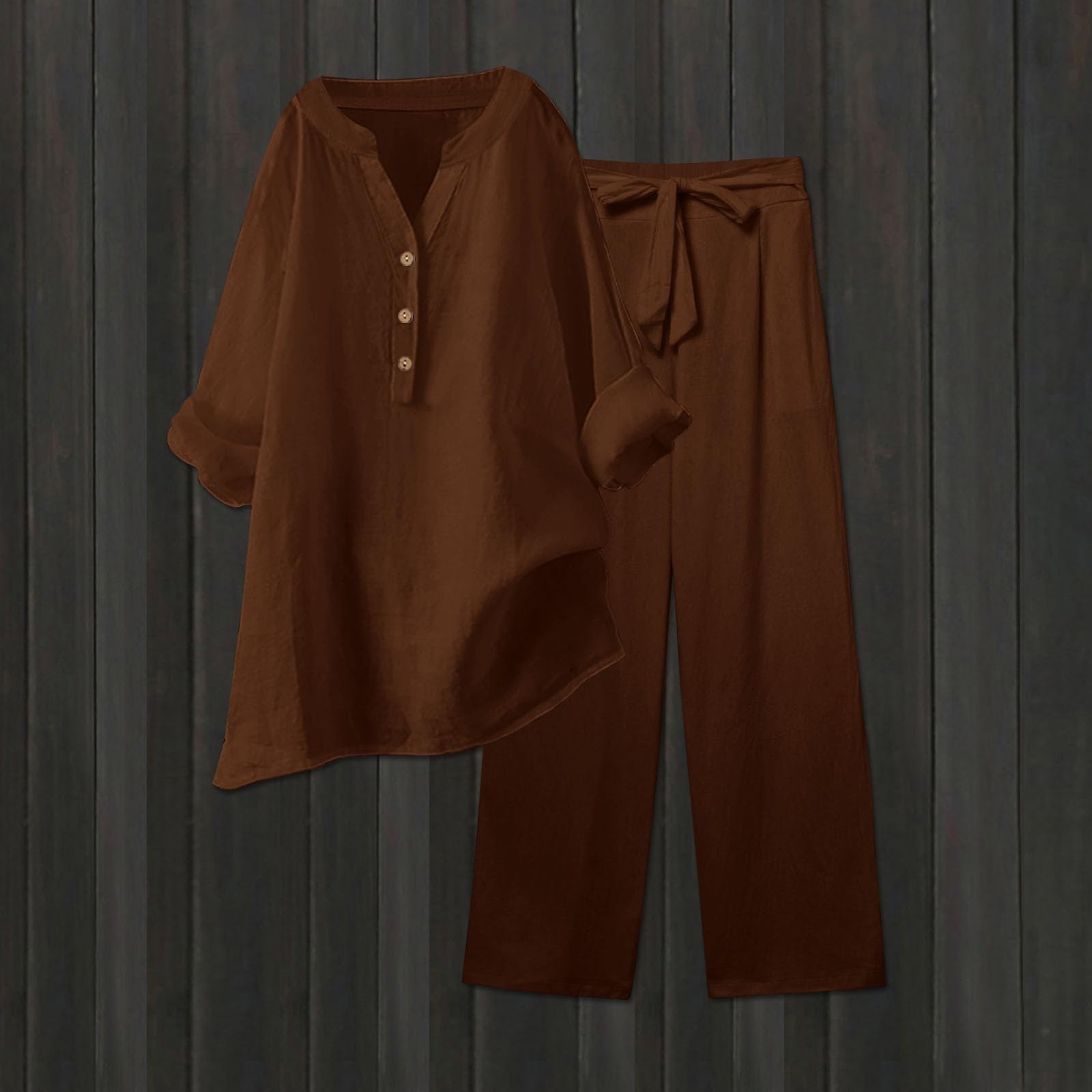 Women's Linen Lounge Set - Summer 2-Piece Outfit with Long Sleeve Button Down Shirt & Pants | Casual Loungewear in Brown | Perfect for Home Relaxation, Vacation Wear & Coffee Dates