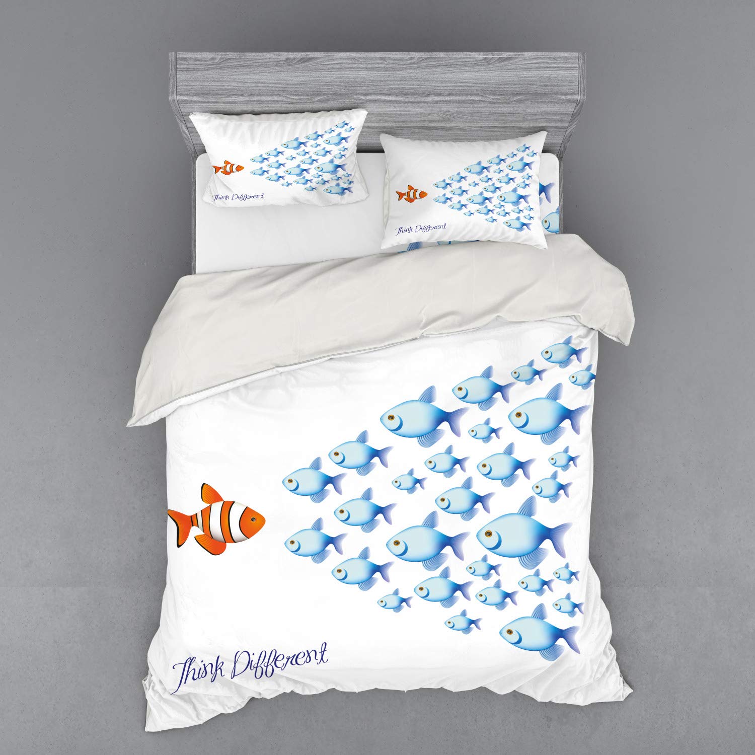 Ambesonne Inspirational Bedding Set - 4 Piece Duvet Cover with Shams & Fitted Sheet, Queen Size, Orange Blue Fish Design - Motivational Quote Home Decor for Bedroom, Guest Room, Dorm