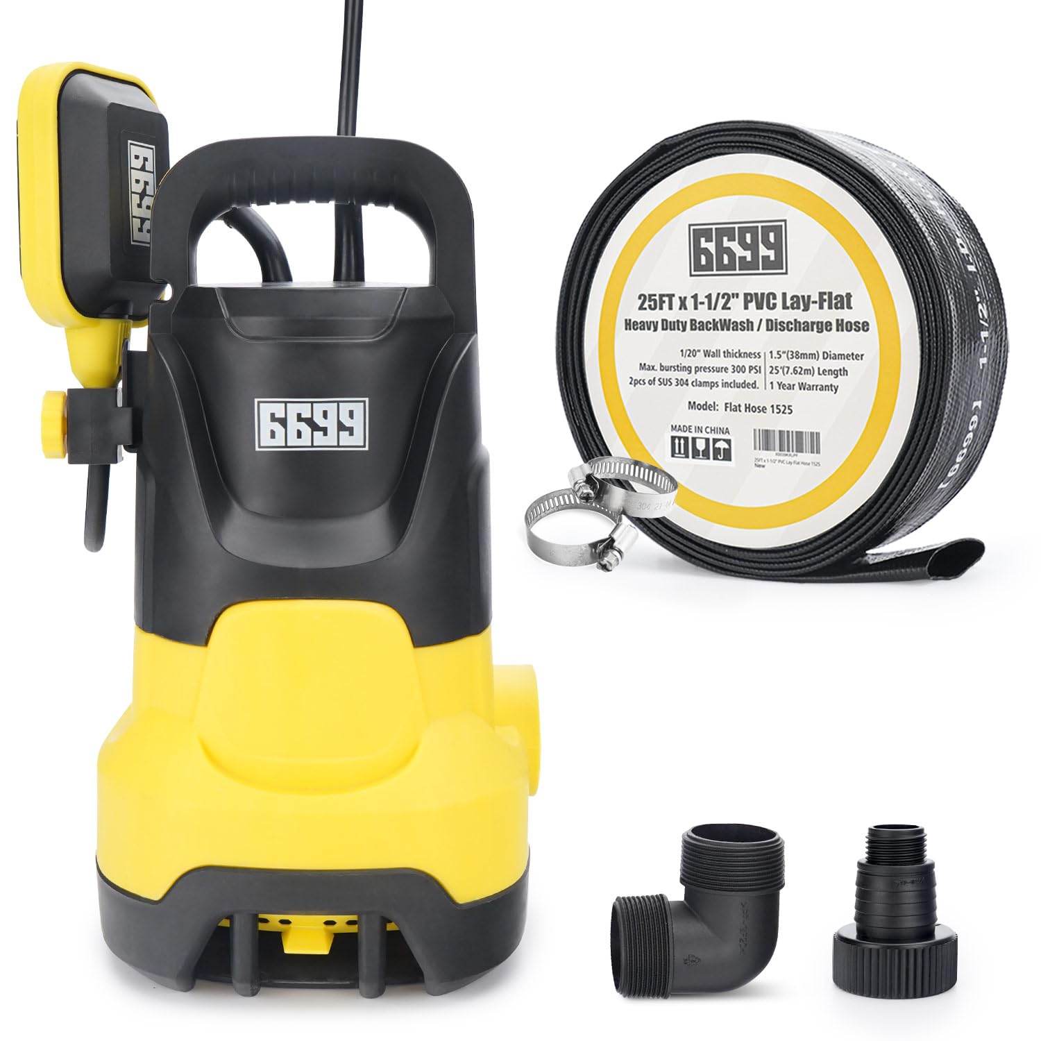 1/2HP Portable Utility Pump with 25FT PVC Lay Flat Hose - Submersible Water Pump Kit for Easy Drainage - Ideal for Pools, Garden Ponds, Flooded Basements & Emergency Water Removal
