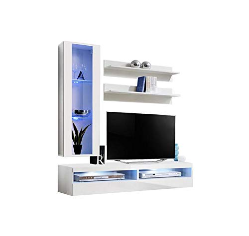 Modern White Wall-Mounted TV Stand with LED Lights & Storage - 35