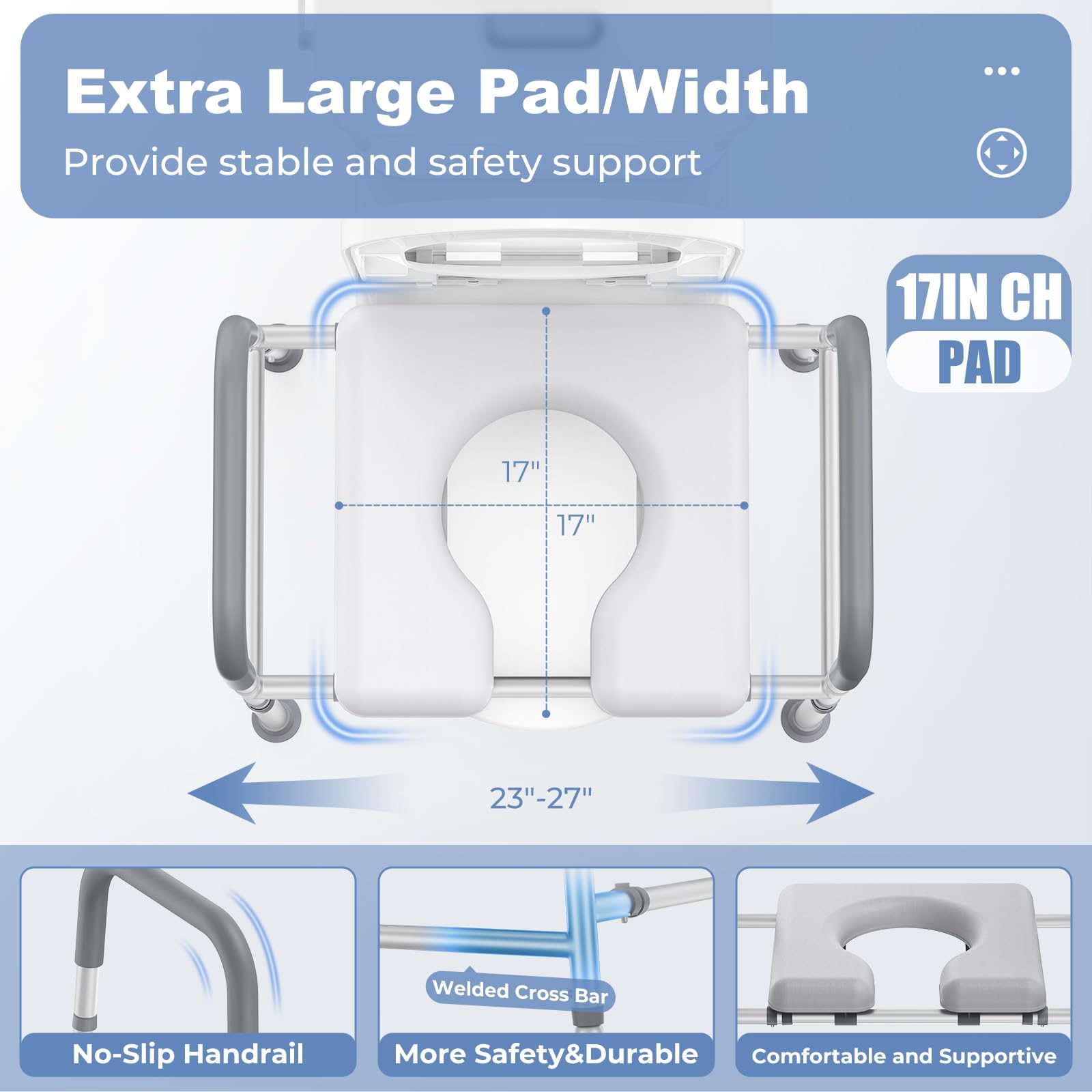 Raised Toilet Seat with Handles - Heavy Duty 400lb Capacity, Soft Cushioned Elongated Commode Seat for Elderly, Seniors & Pregnant Women - Ideal for Bathroom Safety & Mobility Assistance