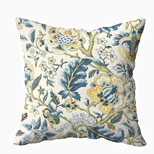 16x16 Inch Decorative Pillow Covers with Zipper - Floral Jacquard Print in Blue & Yellow Hues for Sofa, Bed & Home Decor | Perfect for Living Room, Bedroom & Seasonal Home Styling