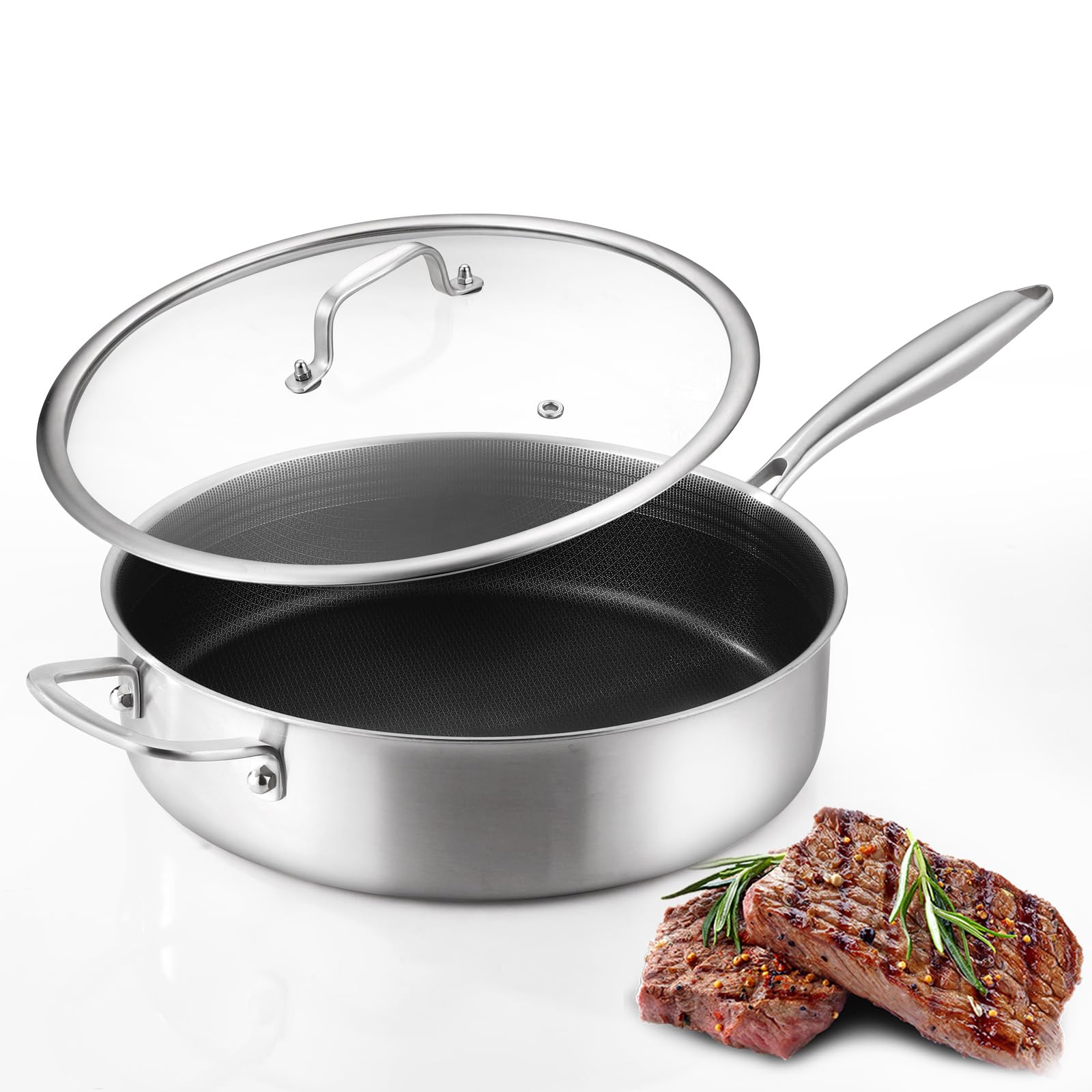 DELARLO 12.3 Inch Tri-Ply Stainless Steel Saute Pan with Lid - 5.5QT Nonstick Deep Frying Pan, Induction Compatible Large Skillet - Oven & Dishwasher Safe Up to 650°F - Professional Chef's Cookware for Searing, Braising & Stir-Frying