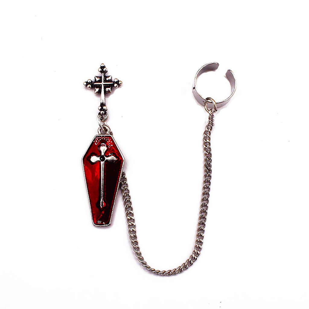 Gothic Punk Red Spider Cross Coffin Stud Earrings for Women & Men – Silver Finish Long Chain Dangle Ear Cuff – Unisex Fashion Jewelry for Halloween, Parties & Alternative Style