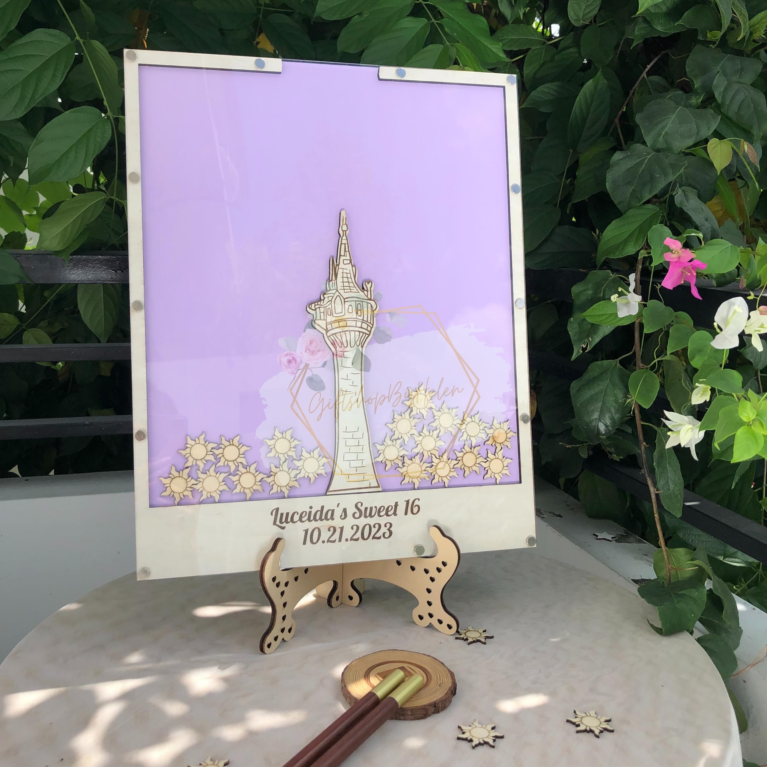 Purple Princess Tower Quinceanera Guest Book - Fairy Tale Themed Birthday & Wedding Guest Book Alternative with Sun-Shaped Drop Box | Perfect for Quinceañeras, Fairy-Themed Parties & Enchanted Weddings