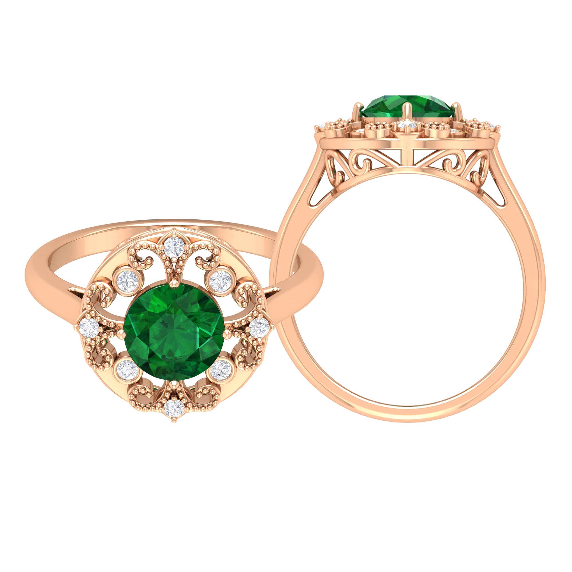 1.50 CT Natural Emerald & Moissanite Engagement Ring in 14K Solid Gold - Vintage Inspired Solitaire Ring with Gold Beaded Detail for Wedding, Anniversary & Special Occasions