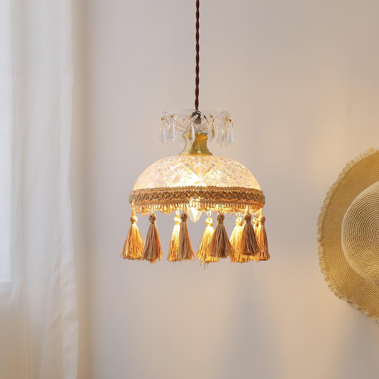 Modern Tassel Pendant Light - Handwoven Rattan Hanging Bowl Chandelier for Dining Room, Kitchen Island & Bedroom Lighting - Boho Home Decor