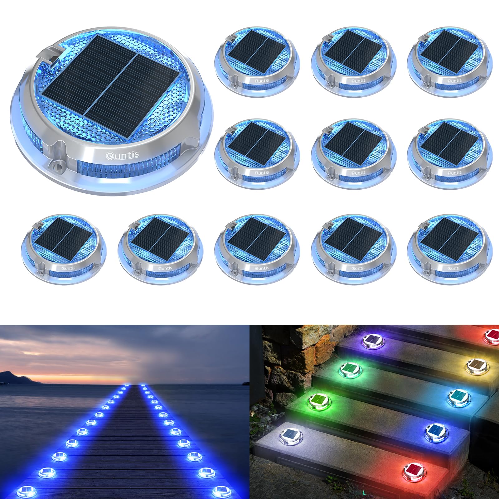 Quntis 12 Pack RGB Solar Deck Lights - 11 Lighting Modes, IP68 Waterproof Outdoor Solar Driveway Lights for Stairs, Pathways, Walkways | Perfect for Garden, Patio, Yard, and Landscape Lighting