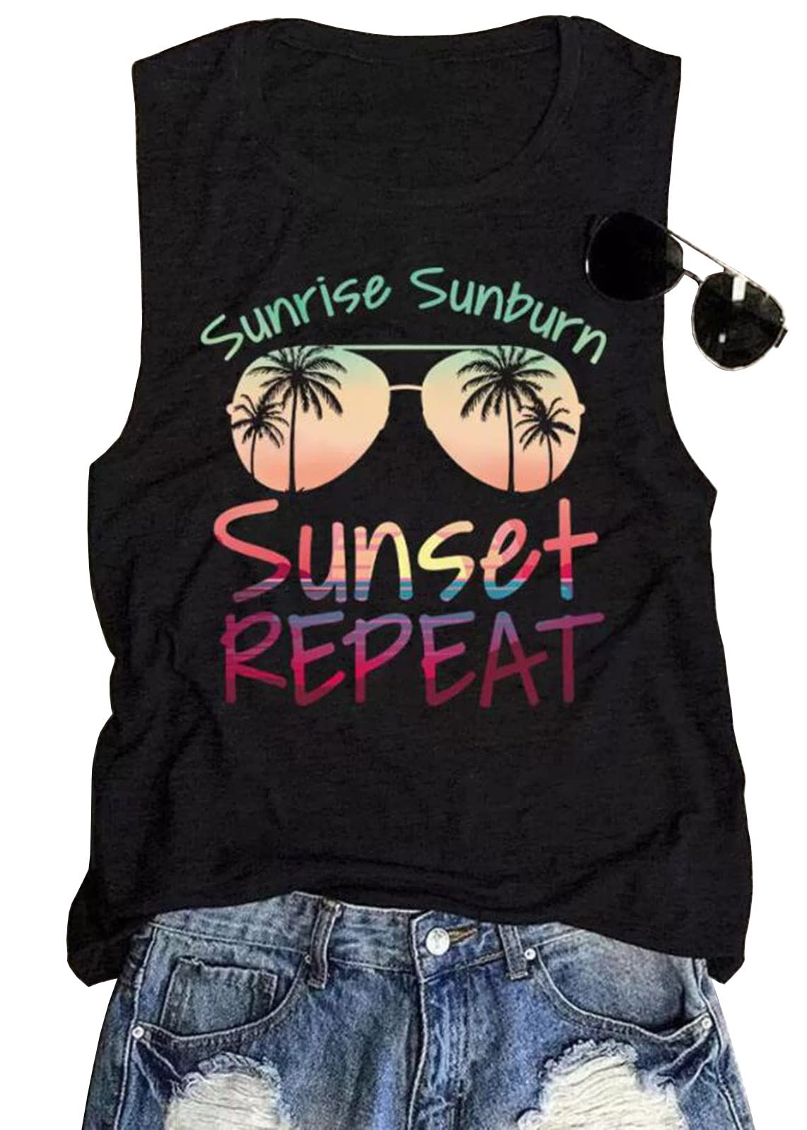 Women's Cute Sun Salt Sand Coconut Tree Graphic Tank Top - Sleeveless Beach Vacation Shirt with Letter Print for Summer