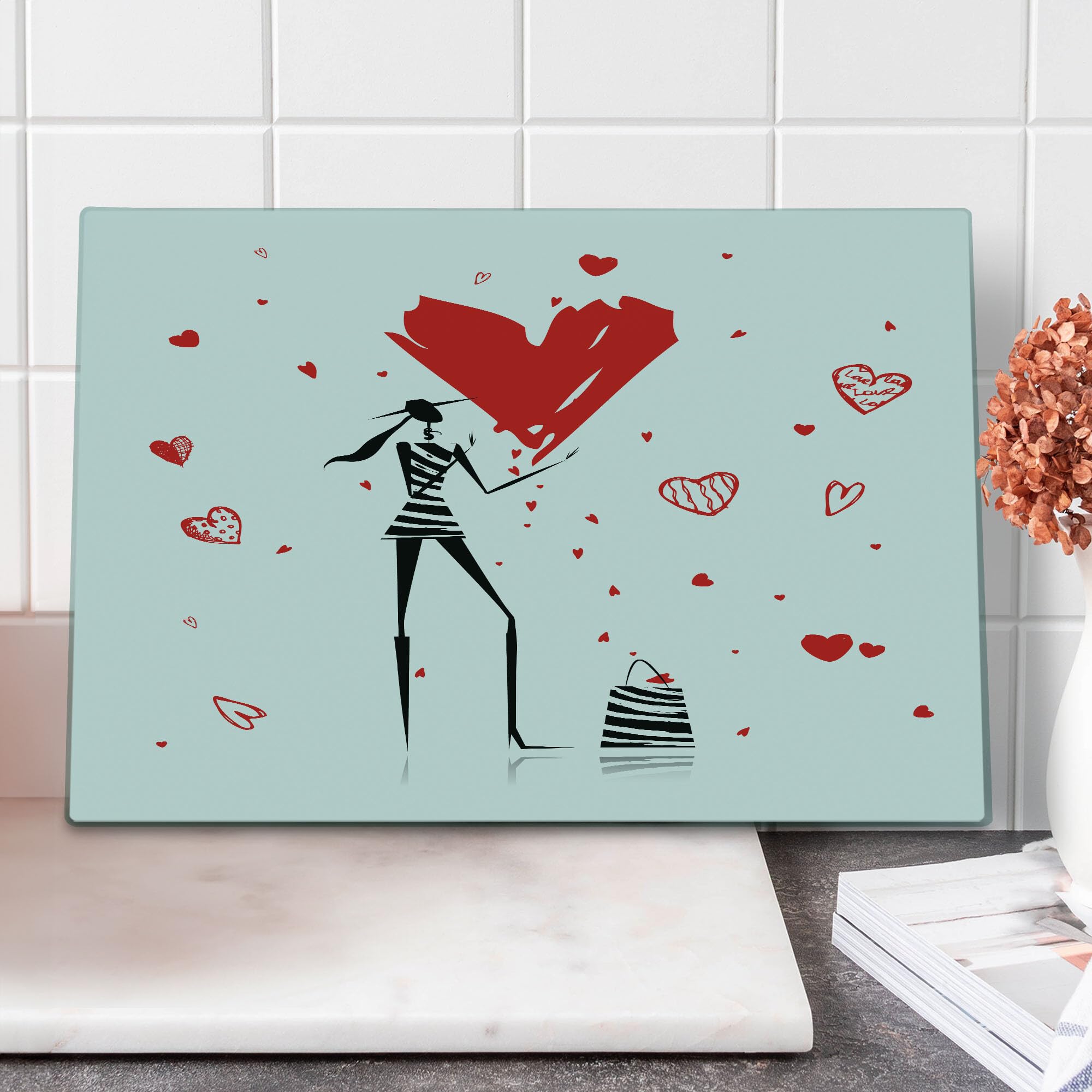 Lunarable Fashion Cutting Board - Urban Lady with High Heels & Giant Valentine's Day Heart Print, Tempered Glass Serving Board for Kitchen & Dining Decor (Large, White/Black/Red) - Perfect for Valentine's Gifts, Romantic Dinners & Home Decor