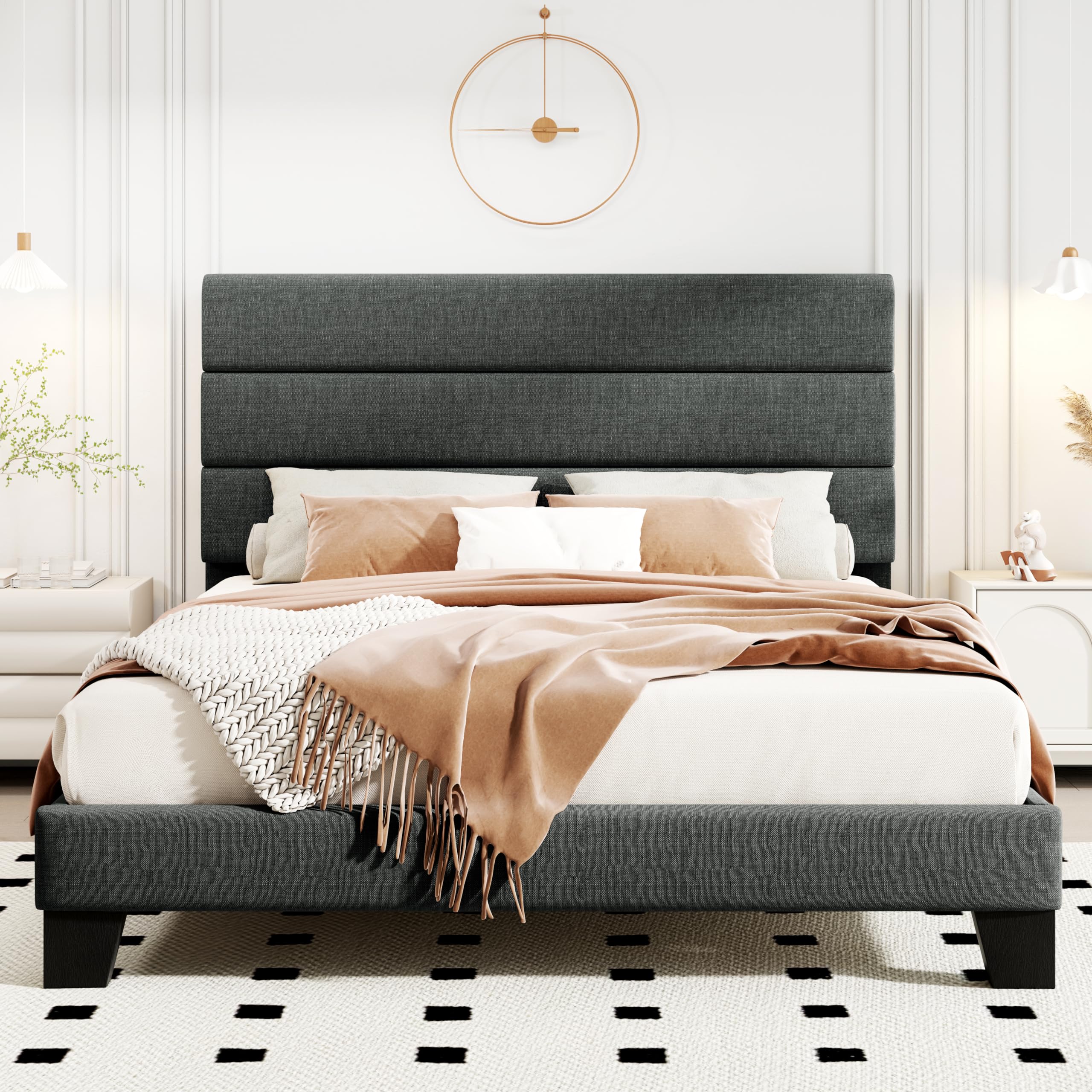 HOOMIC Queen Size Bed Frame with Headboard - Upholstered Fabric Platform Bed with Sturdy Wood Slats Support, No Box Spring Required, Dark Grey - Perfect for Master Bedrooms, Guest Rooms & Small Spaces