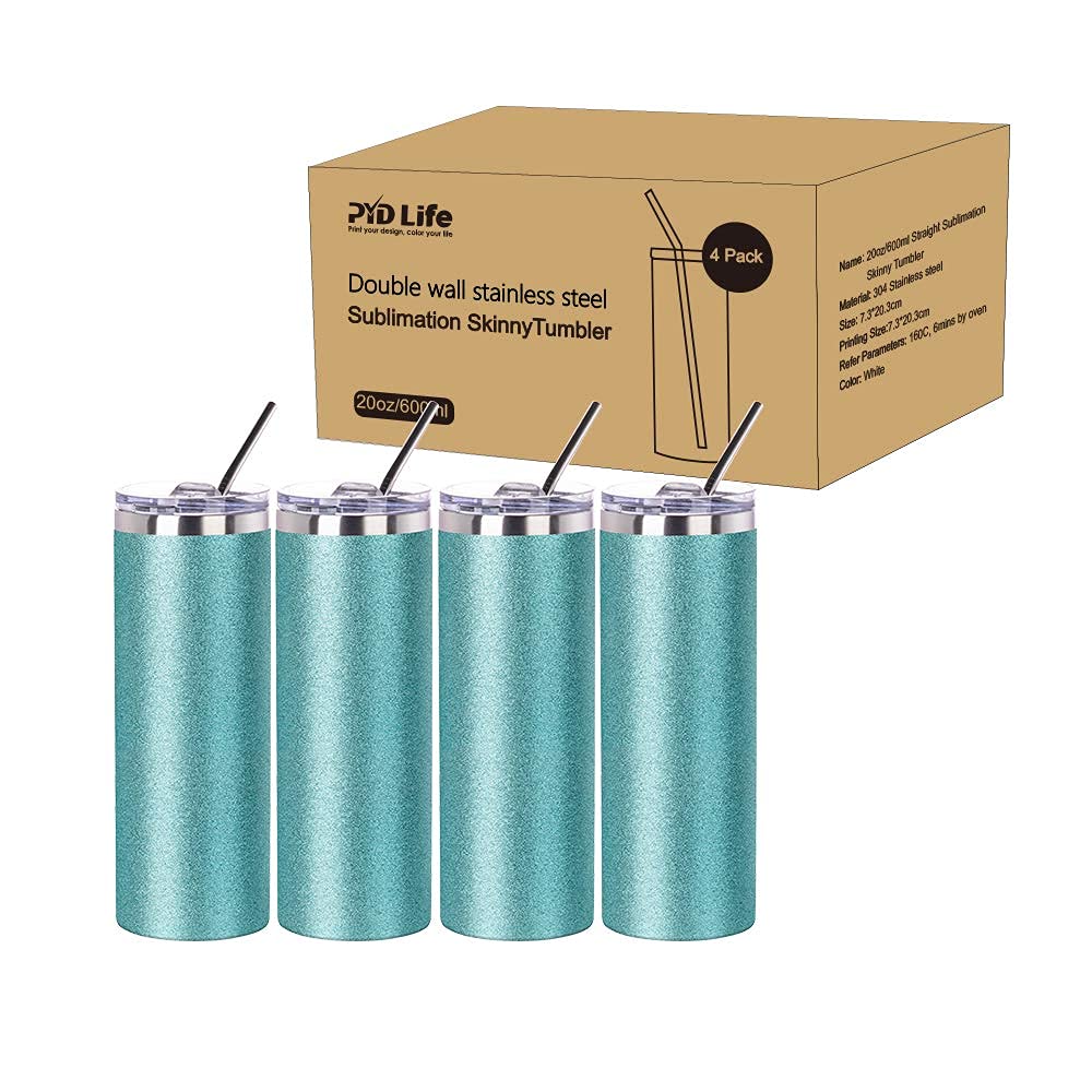 PYD Life 20oz Sublimation Blank Glitter Skinny Tumbler - Teal Stainless Steel Coffee Cup with Lid & Metal Straw - Heat Press & Oven Safe for Sublimation Printing - 4 Pack - Perfect for DIY Crafts, Gifts, and Custom Drinkware