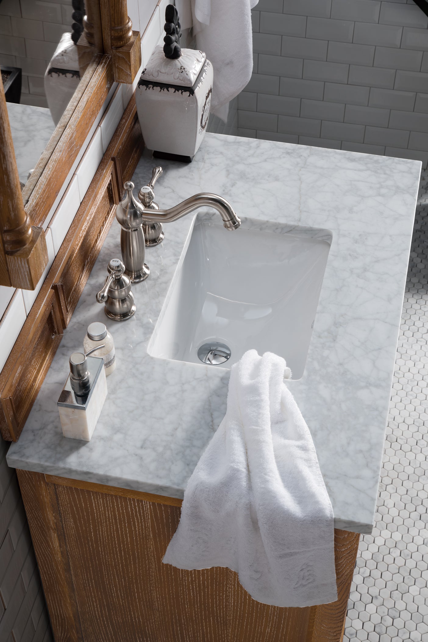 Savannah 36 Inch Driftwood Single Bathroom Vanity with 3CM Carrara Marble Top - Modern Farmhouse Style for Master Bath & Powder Room Remodel