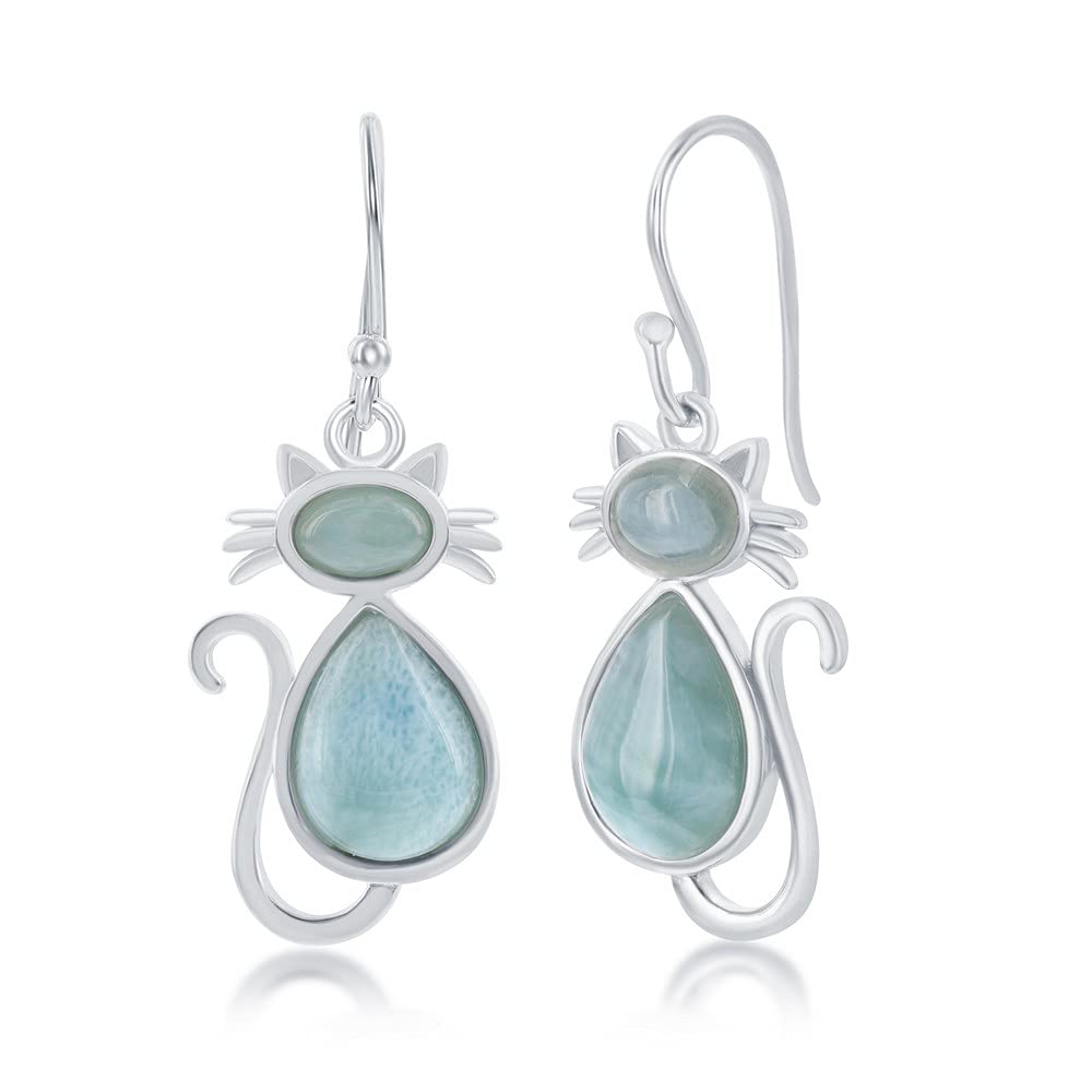 Sterling Silver Larimar Stone Kitty Cat Dangling Earrings - Handmade Jewelry for Women, Gift for Cat Lovers - Perfect for Casual Wear, Parties & Special Occasions