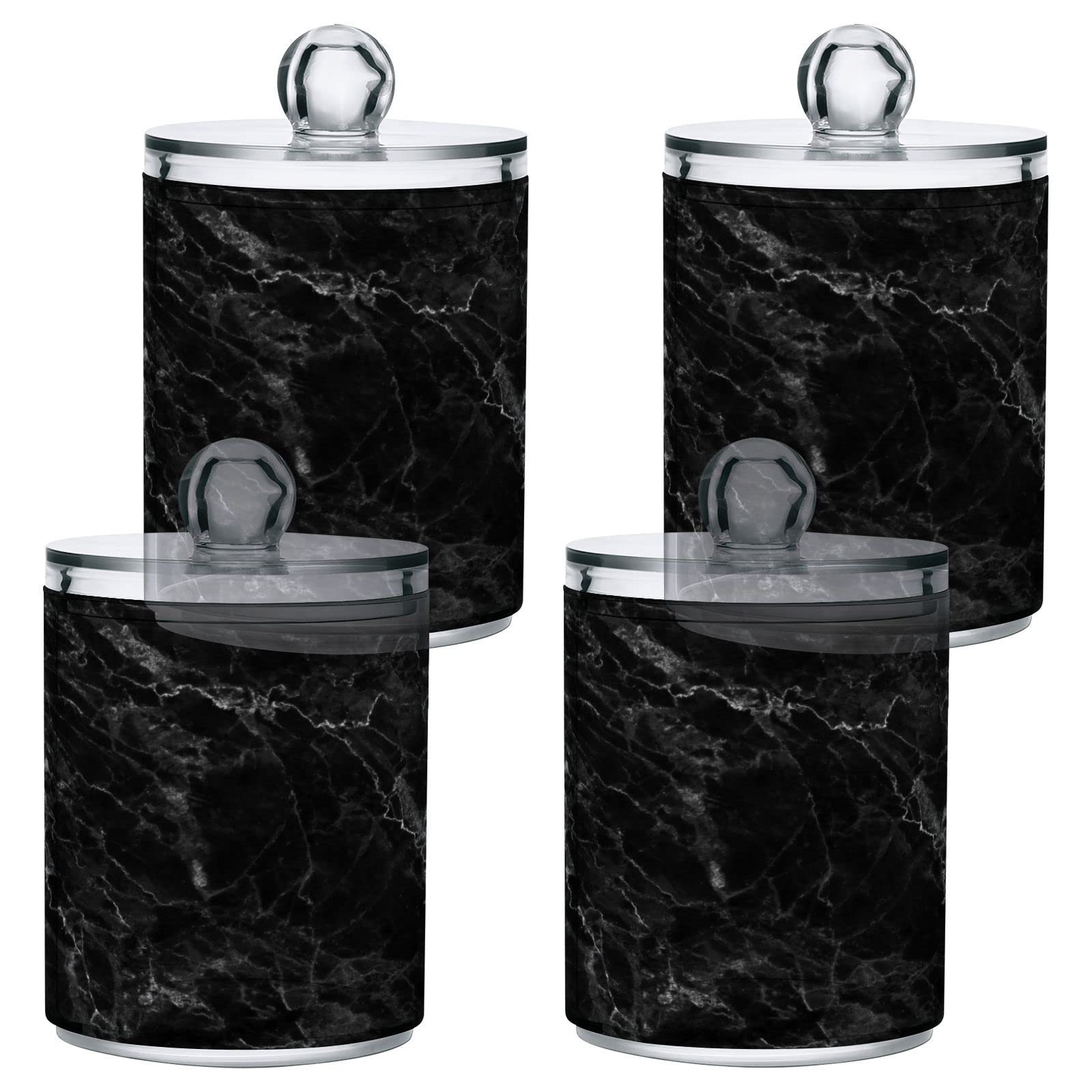 2 Pack Black Marble Q-Tip Holder & Cotton Ball Organizer - Bathroom Storage Canister for Cotton Swabs, Pads, Floss | Stylish Countertop Dispenser for Vanity, Spa & Makeup Station Organization