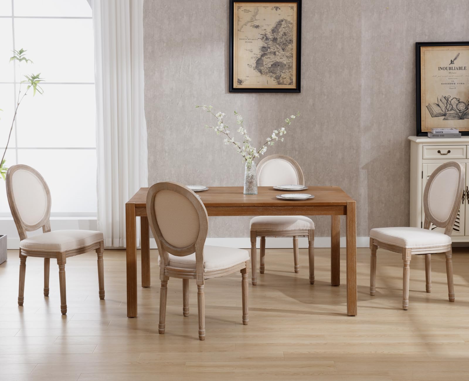 Farmhouse Dining Chairs Set of 4 - French Country Style Vintage Upholstered Chairs with Round Back & Dark Wood Legs, Beige Fabric - Perfect for Kitchen, Dining Room, or Breakfast Nook Decor
