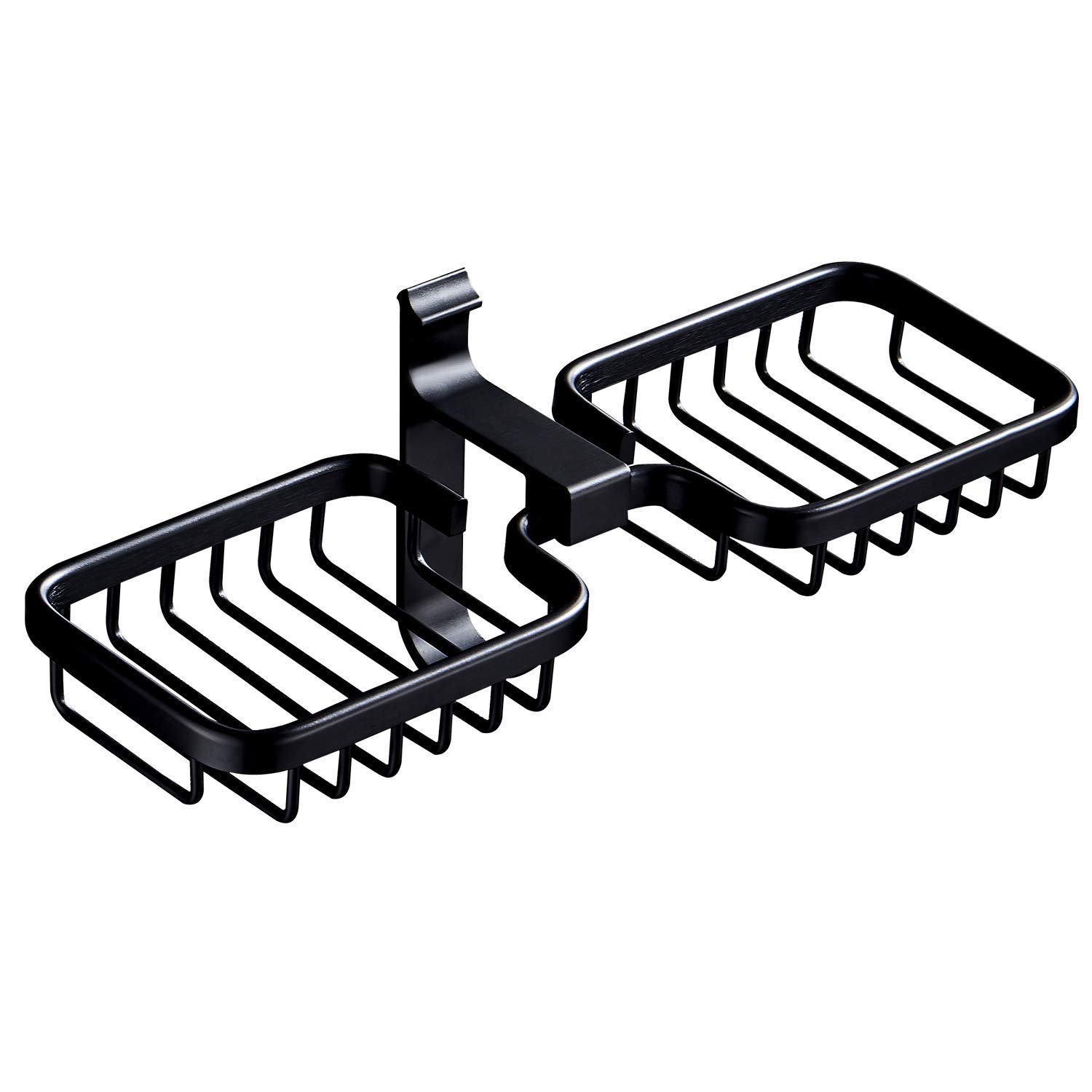QYQOQU Double Soap Dish Holder with Hook - No Drill Wall Mounted 304 Stainless Steel Soap Tray for Bathroom, Shower & Kitchen - Strong Adhesive, Rustproof Sponge & Towel Holder (Black) - Perfect for Small Spaces & Organizing Bath Essentials