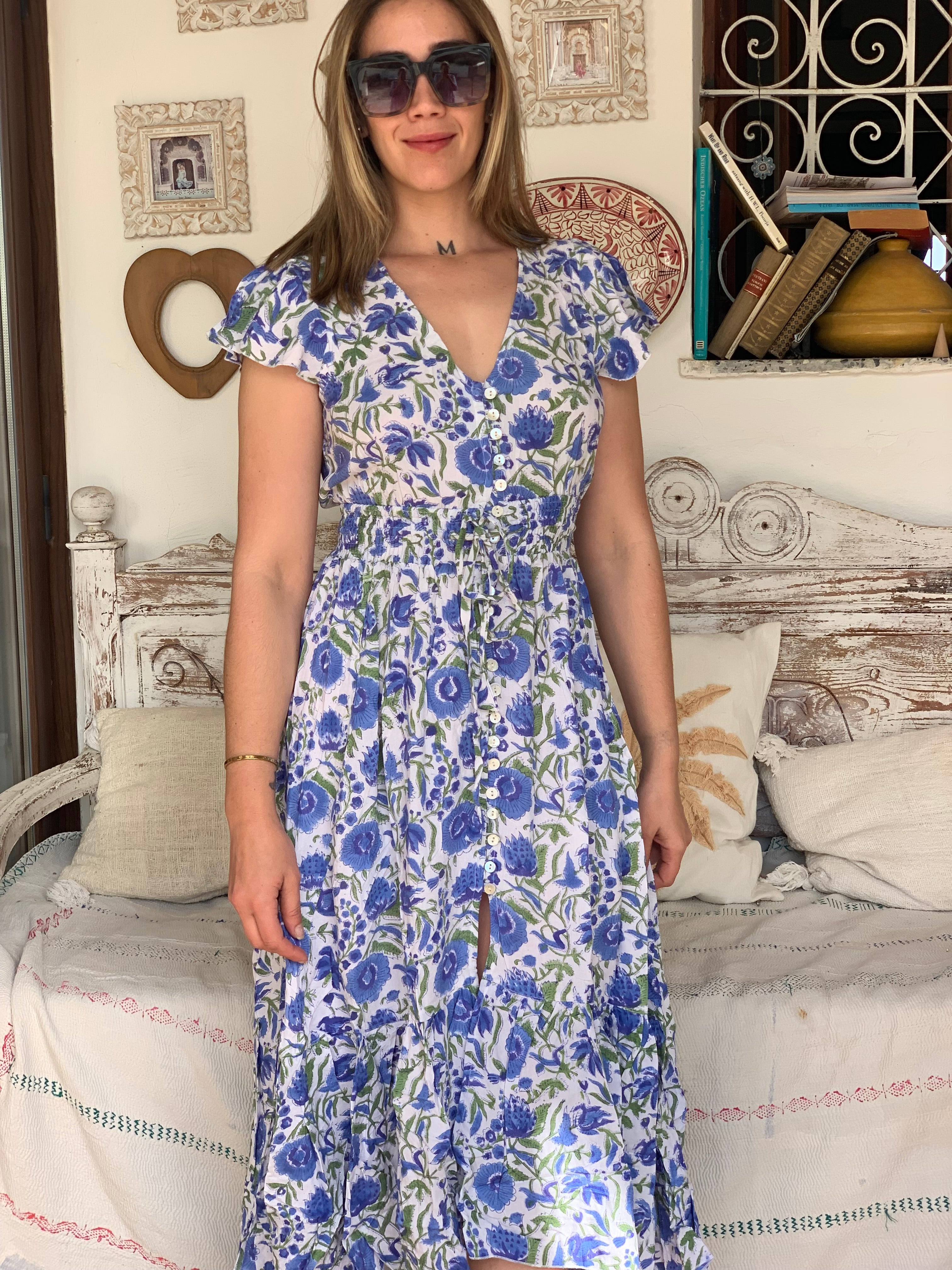 Nafisa Bohemian Floral Maxi Dress for Women - Blue Beach Sundress, Lightweight & Flowy Summer Dress for Vacation, Pool Party, and Casual Outings