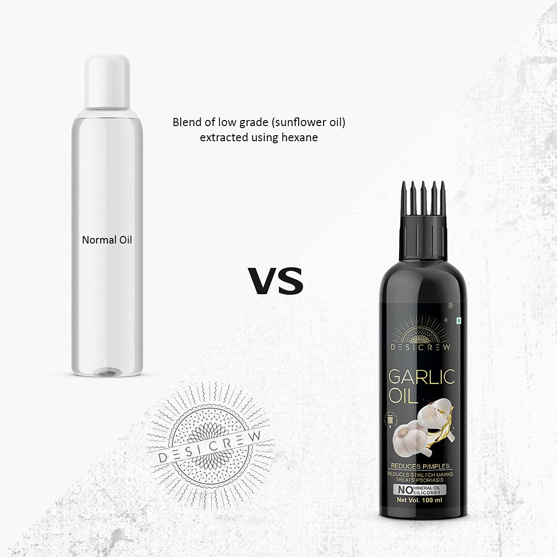 DESICREW Pure Cold Pressed Garlic Oil with Comb Applicator - Non-Sticky Hair Oil for Stronger, Thicker & Glossier Hair - Natural Moisturizer & Softener (100ml) - Perfect for Daily Hair Care & Scalp Massage at Home
