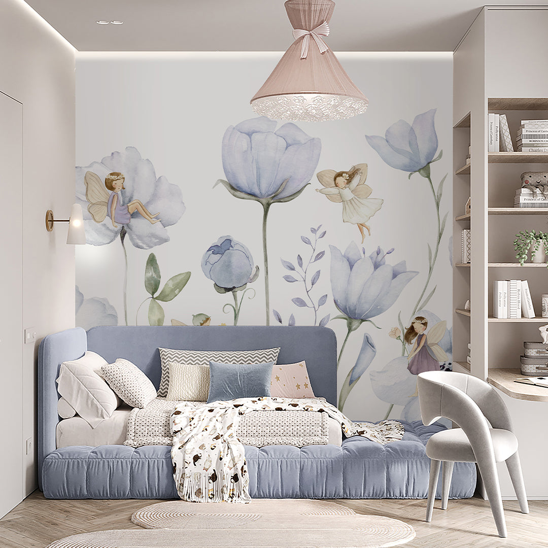 Blue Flower Fairy Wall Mural SM050 - Elegant Floral Fantasy Wall Decal for Kids Bedroom, Nursery, Playroom & Home Decor