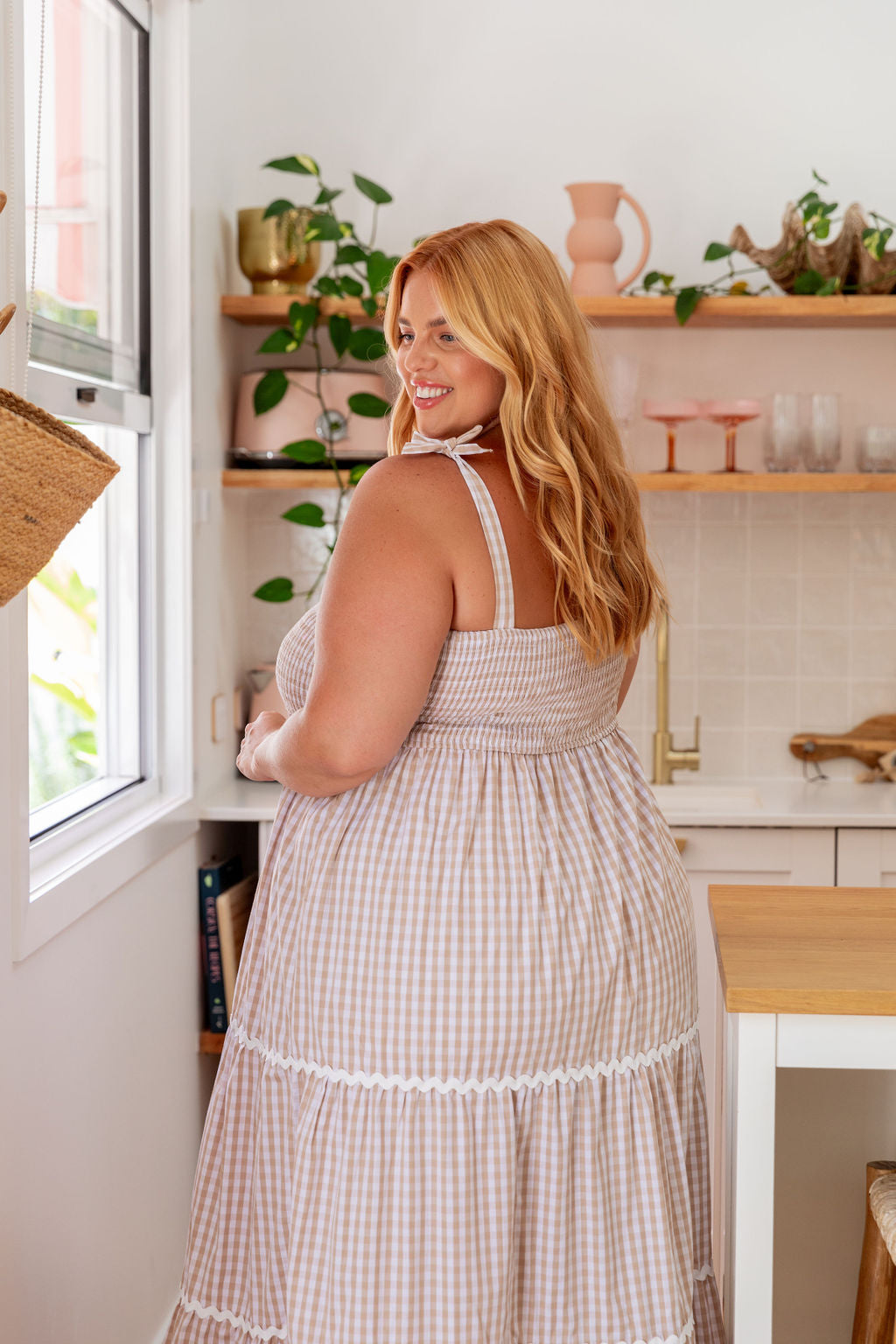 Allegra Maxi Dress in Beige & White Gingham - Flowy Summer Dress for Women, Beach Cover Up, Casual Day Out