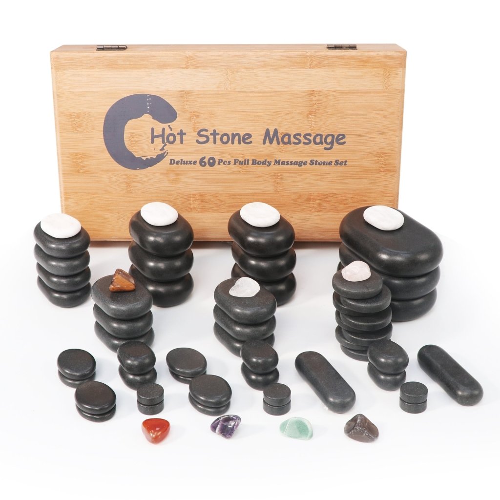 60-Piece Deluxe Hot Stone Massage Set with Basalt Volcanic Rocks, Marble Cold Stones & Chakra Tools | Professional-Grade Home Spa Kit for Relaxation, Pain Relief & Energy Balancing | Perfect for Self-Care, Couples Massage & Therapist Use