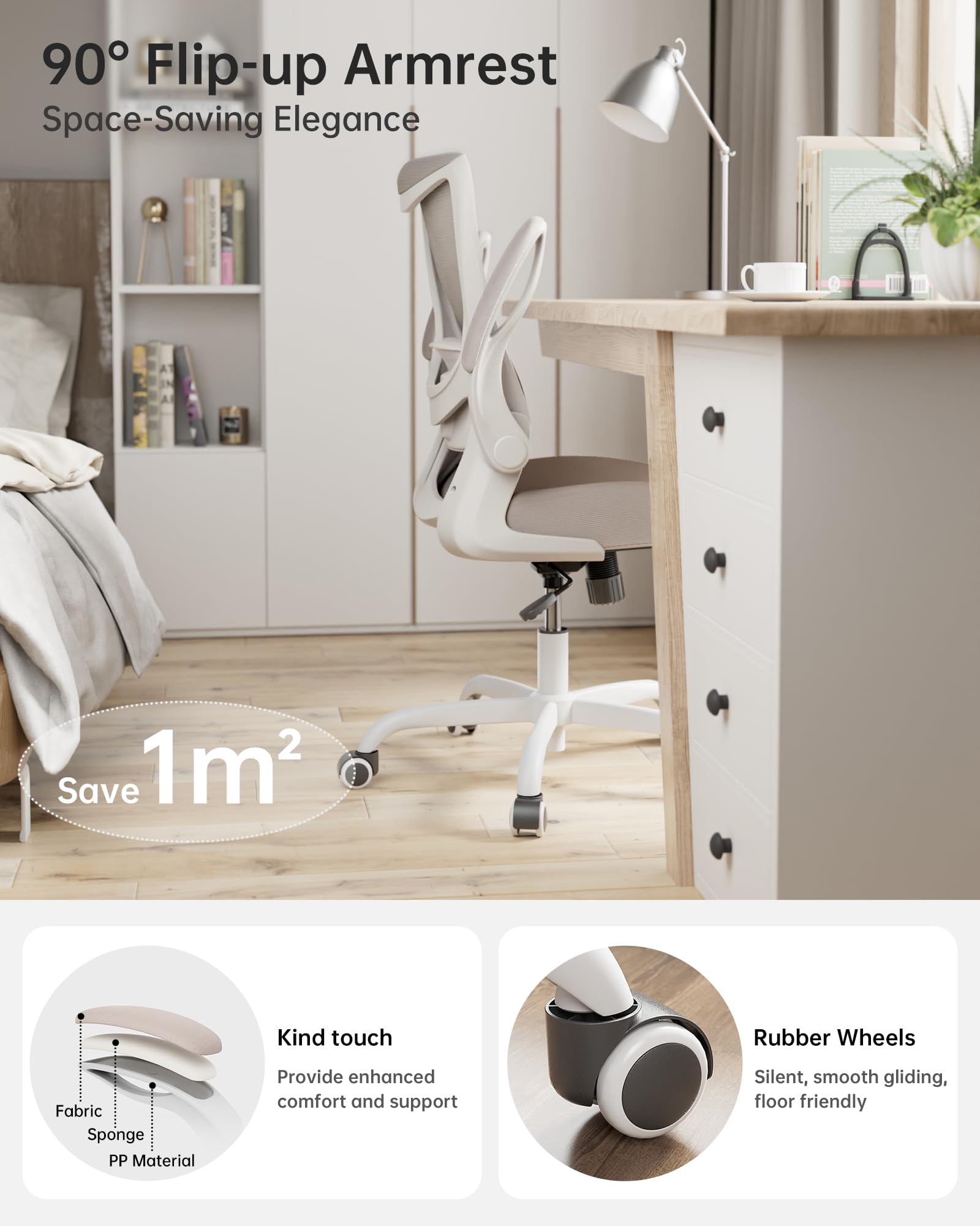 Ergonomic Office Chair with Adjustable Lumbar Support & Flip-Up Armrests - Breathable Mesh Computer Desk Chair for Home Office (Khaki) - Perfect for Long Work Hours & Remote Work Comfort